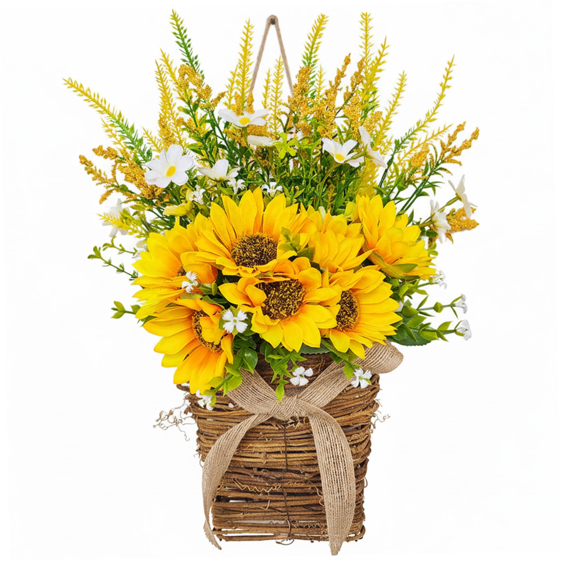 Basket Wreath for Front Door, Spring Wreath with Sunflowers and Burlap Bow Yellow Farmhouse Indoor Outdoor Wall Decor (32cm/12.6in)