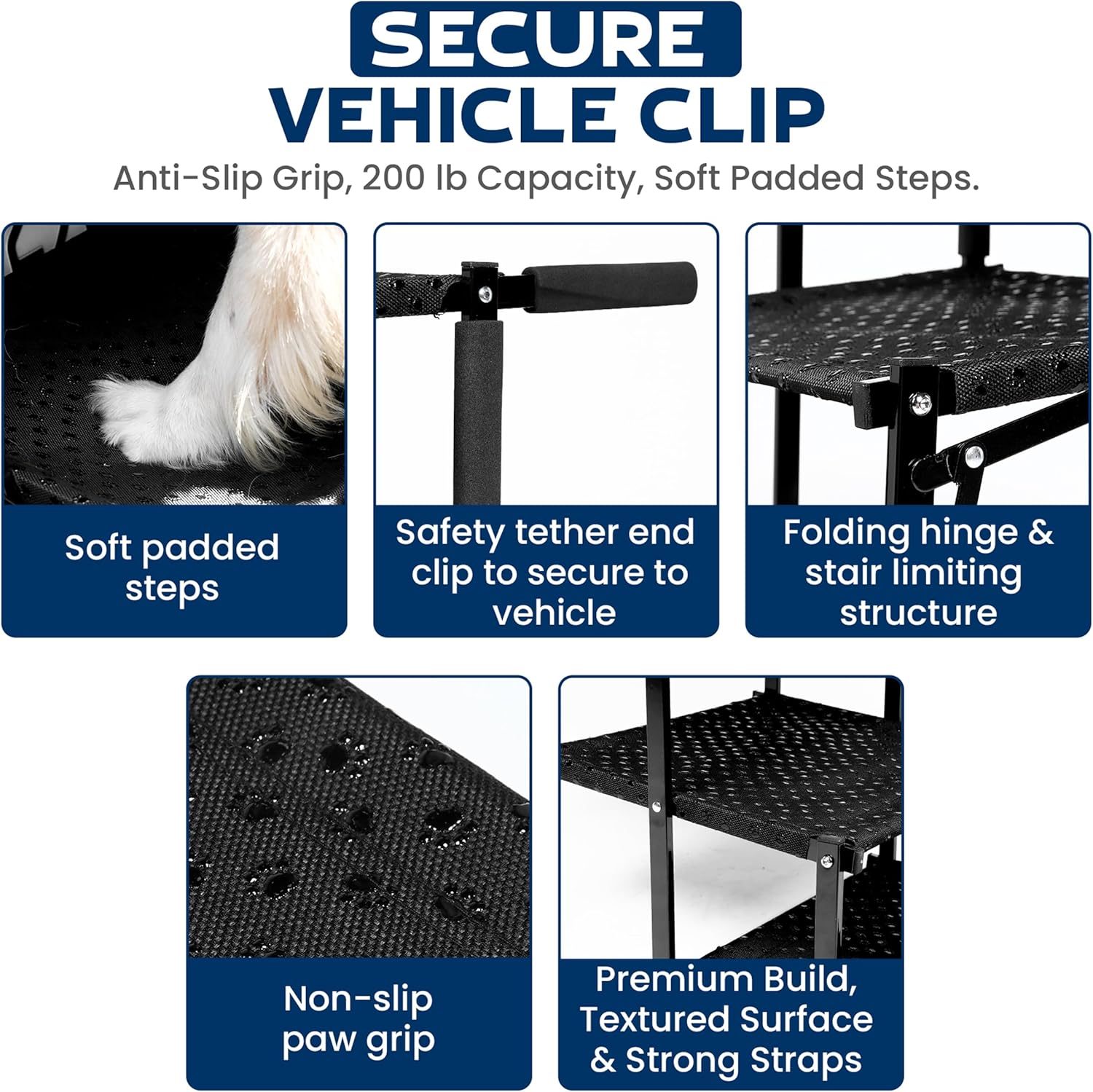 Size XL 5 Step VERALUX Dog Stairs for Large Dogs to Get in Car - 5 Step Foldable Pet Ladder Holds 200lbs - Includes XL Lift Harness - Non-Slip, Joint-Friendly Steps for SUVs, Trucks, Vehicle Entry