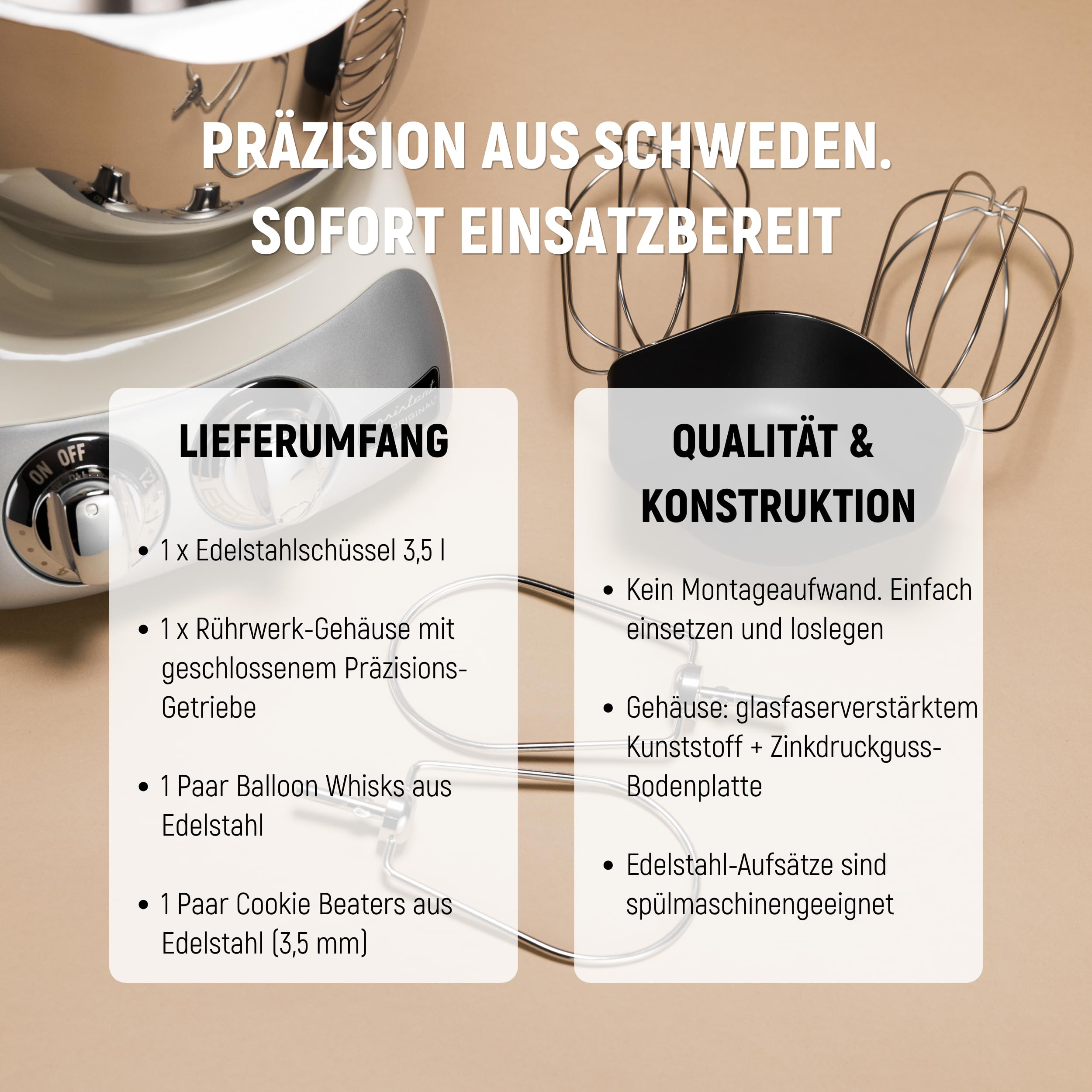 Ankarsrum Premium Rührbesen-Set mit 3,5 l Edelstahlschüssel | Schneebesen & Flachrührer aus Edelstahl, für Sahne, Eischnee, Baiser, Keksteig & Buttercreme, made in Sweden