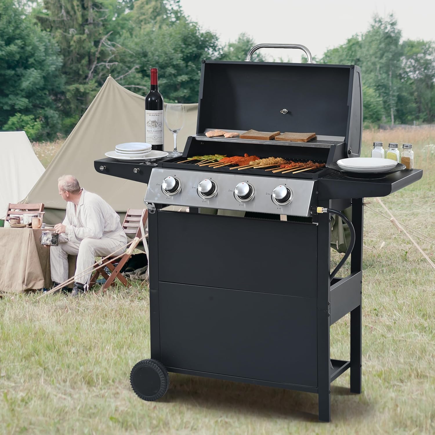 4 Burner Propane Gas BBQ Grill, Outdoor Stainless Steel Grills with Enameled Cast Iron Grids, Cast Iron Rectangular Griddle for Patio Garden Backyard 34000 BTU (Black-4 Burner)