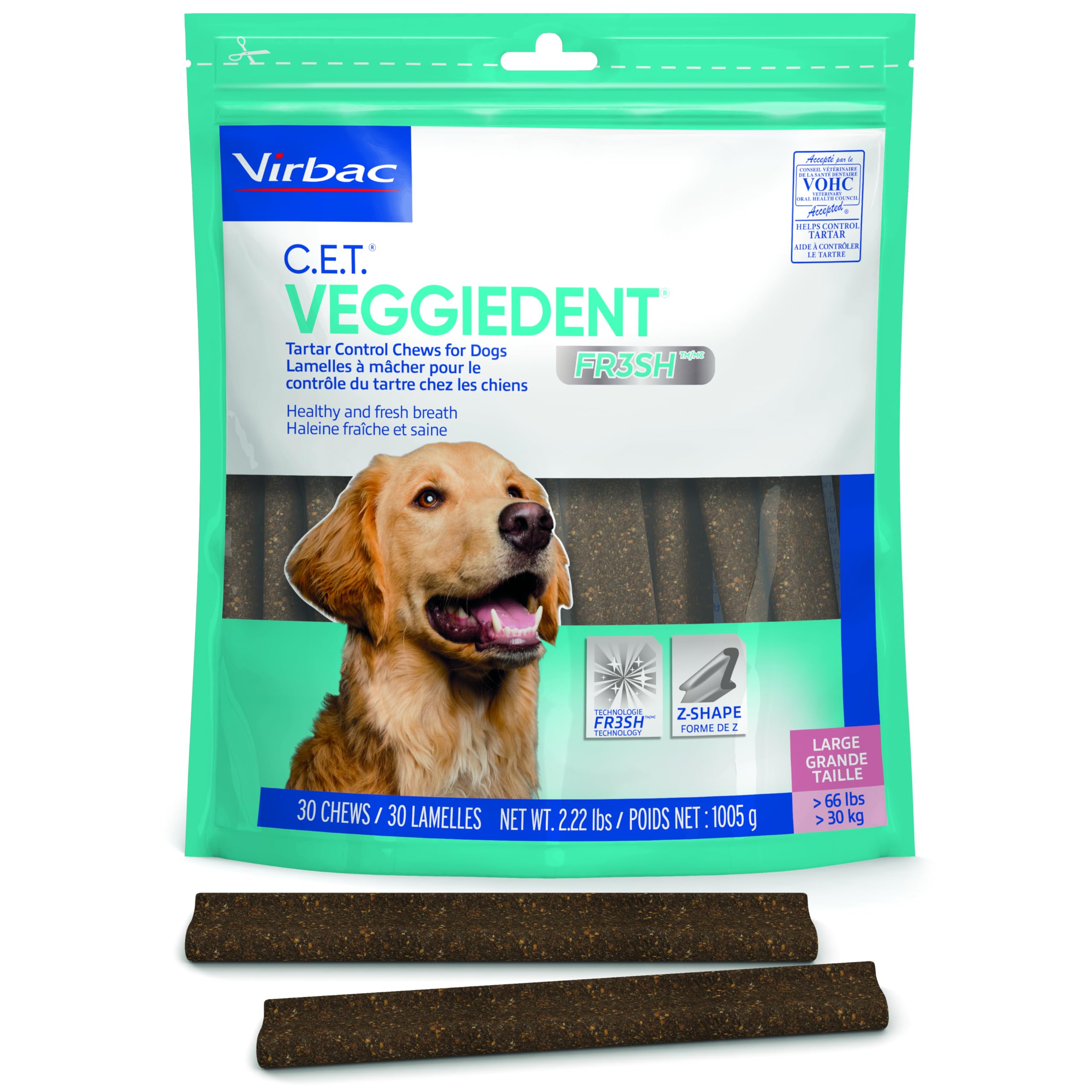 Virbac CET Veggiedent FR3SH Tartar Control Chews for Large Dogs Over 66 Pounds, Plant-Based Formula, 30 Count Bag