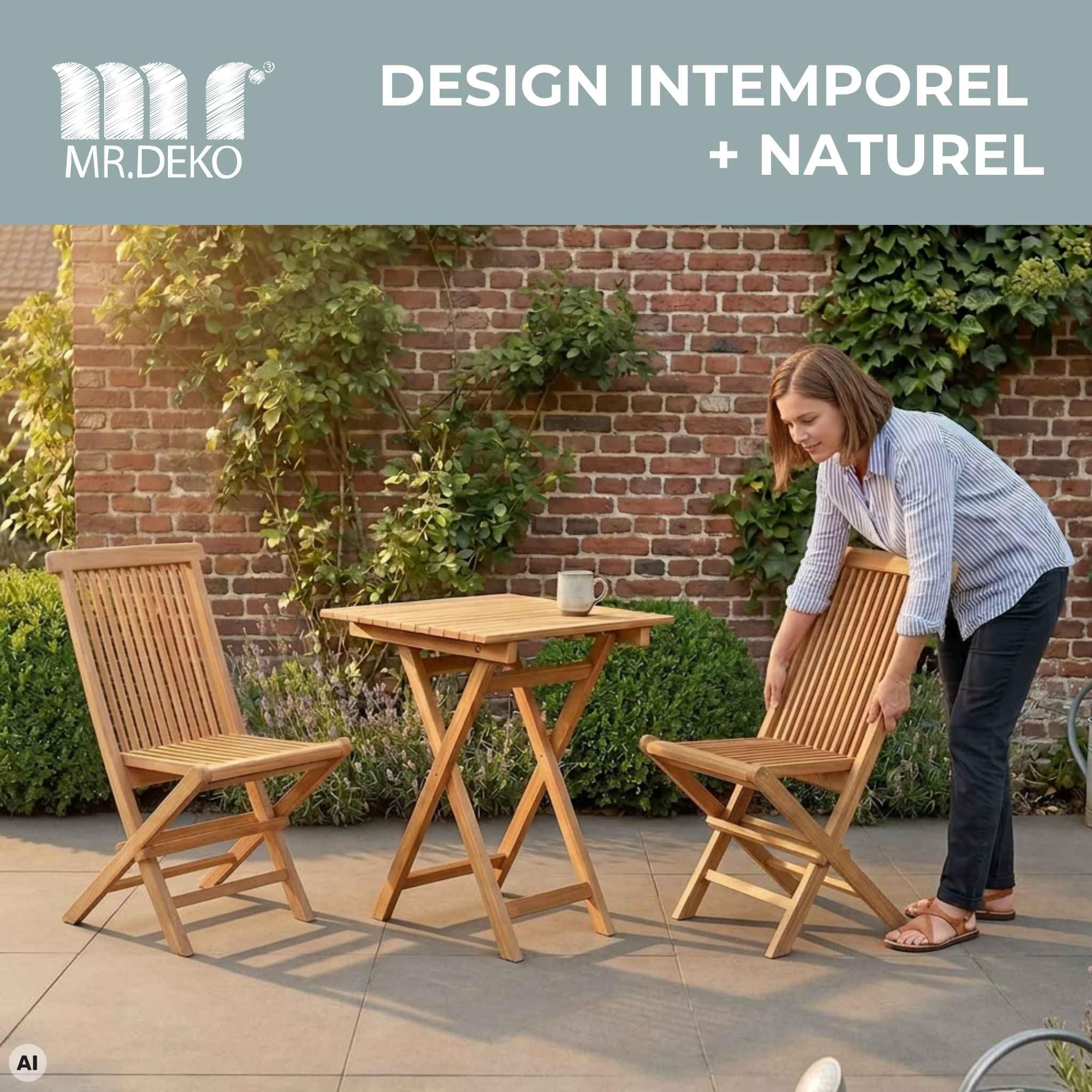MR. DEKO Langton Fauteuil Pliant Teck Massif | Chaise de Jardin sans Accoudoirs | Siège Pliable Gain de Place Terrasse Balcon Extérieur | Bois Intempéries 120kg | 53x43x89cm