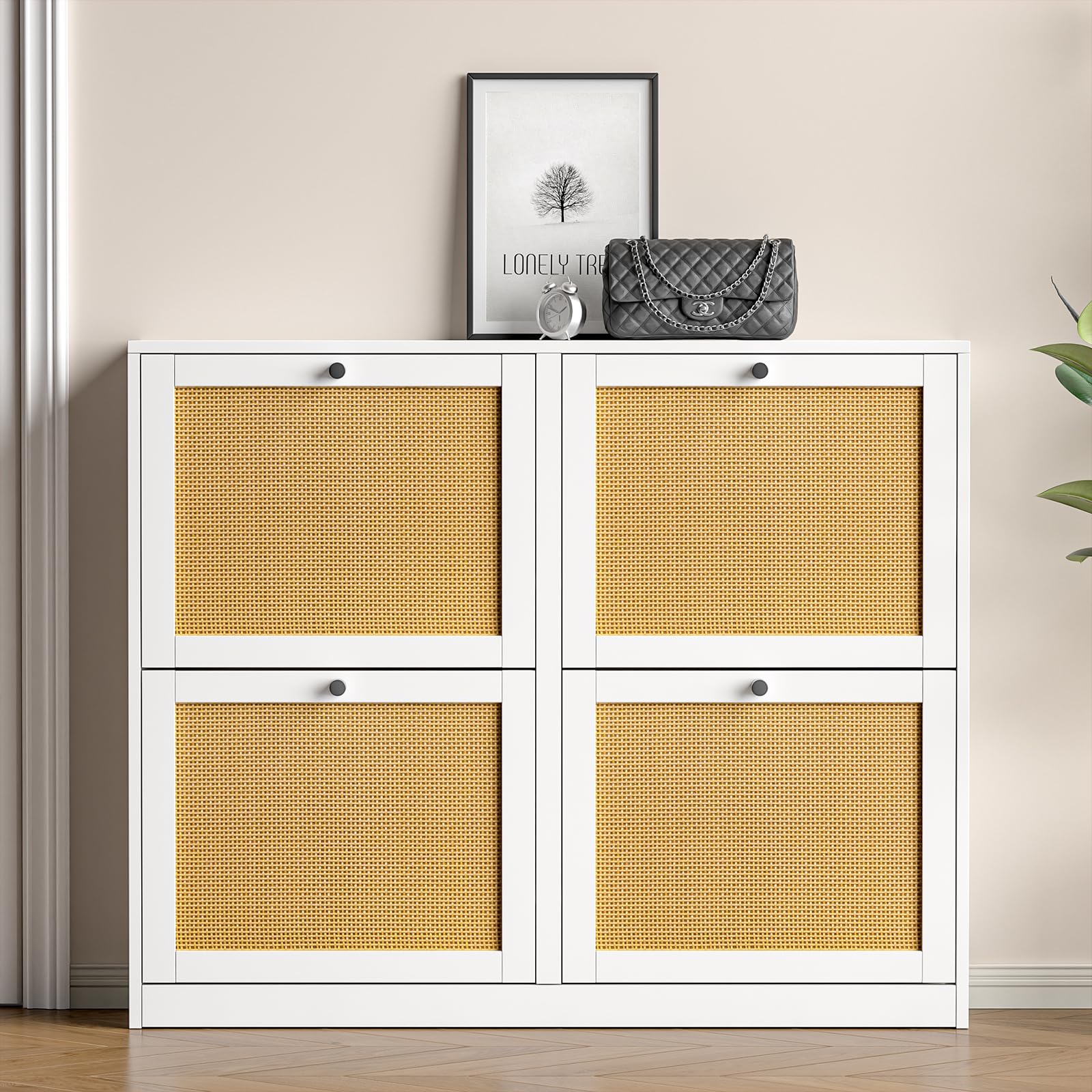 Mueble Zapatero de ratán con 4 Solapas Abatibles y Estantes Ajustables para 16-24 Pares de Zapatos para Pasillo Entrada 120x24x81 cm, Blanco
