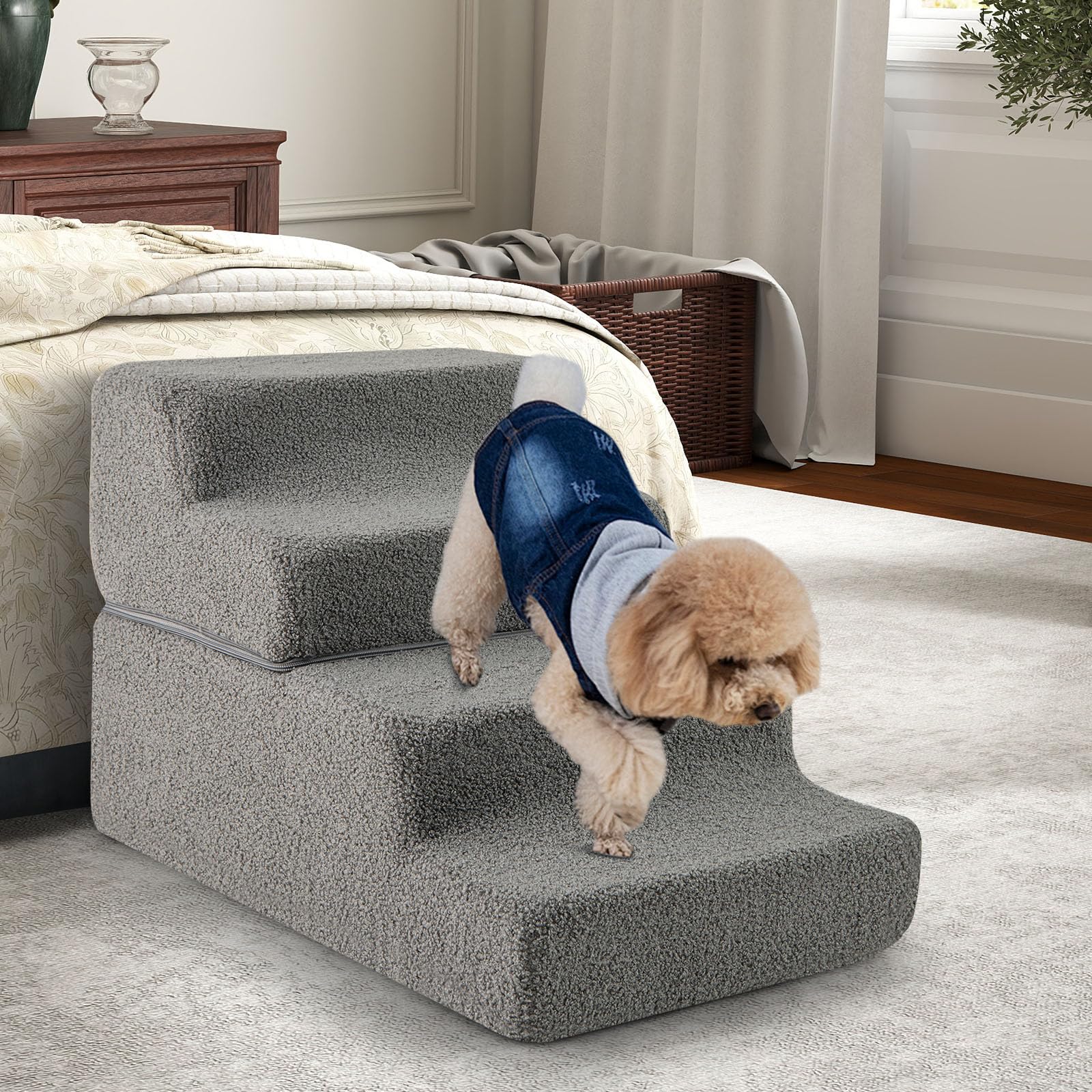 COSTWAY Rampa per Cani con 4 Gradini per Animali Piccoli, Anziani e Feriti | Scalette in Schiuma Piehgevole con Fondo Antiscivolo e Copertura Rimovibile e Lavabile per Letto Alto Divano