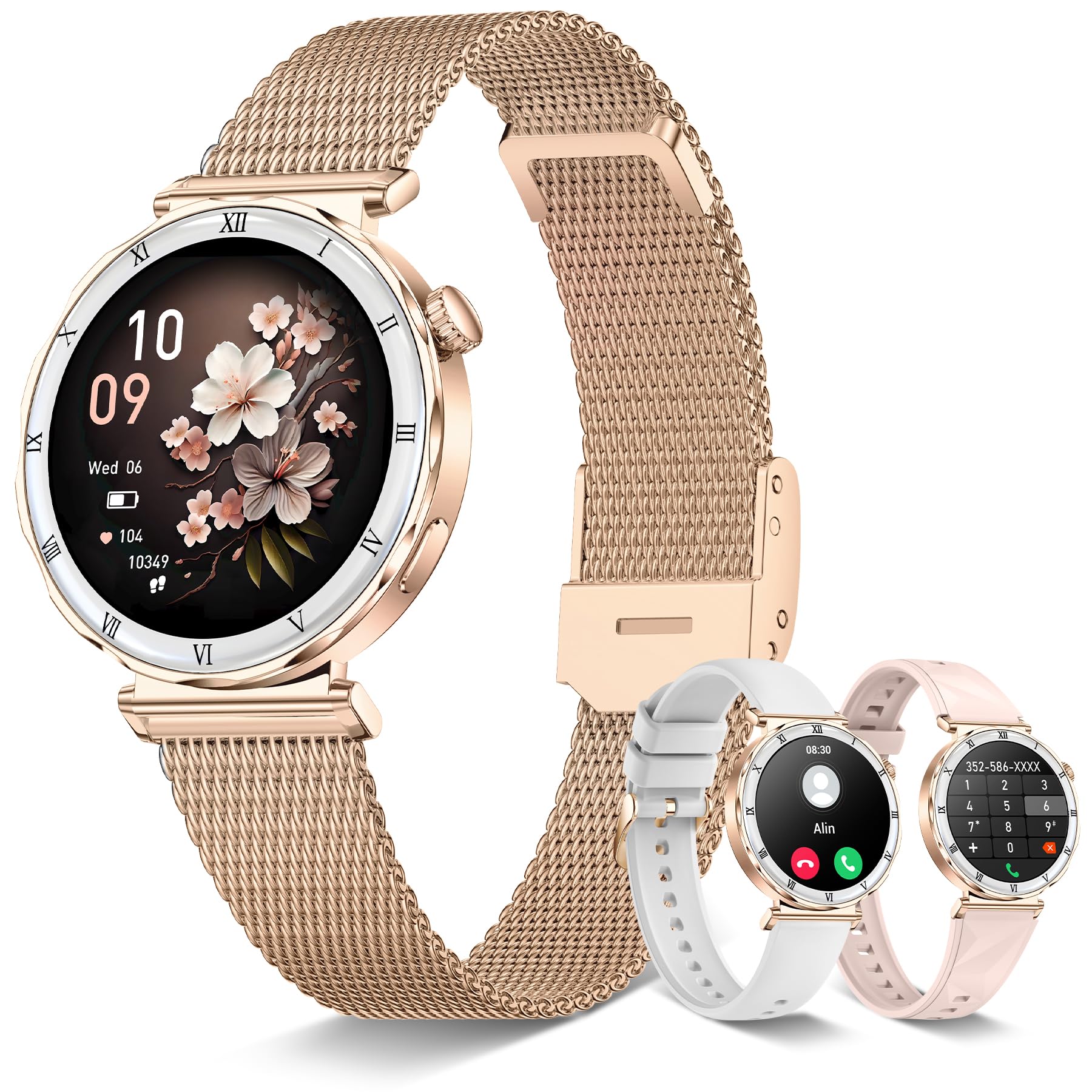 Reloj Inteligente Mujer 1,19" AMOLED Smartwatch Redondo con Llamadas, Función Femenina, Monitorear Sueño/SpO2/FC, 120+ Modos Deportivos Smart Watch para Android iOS (Oro Rosa)