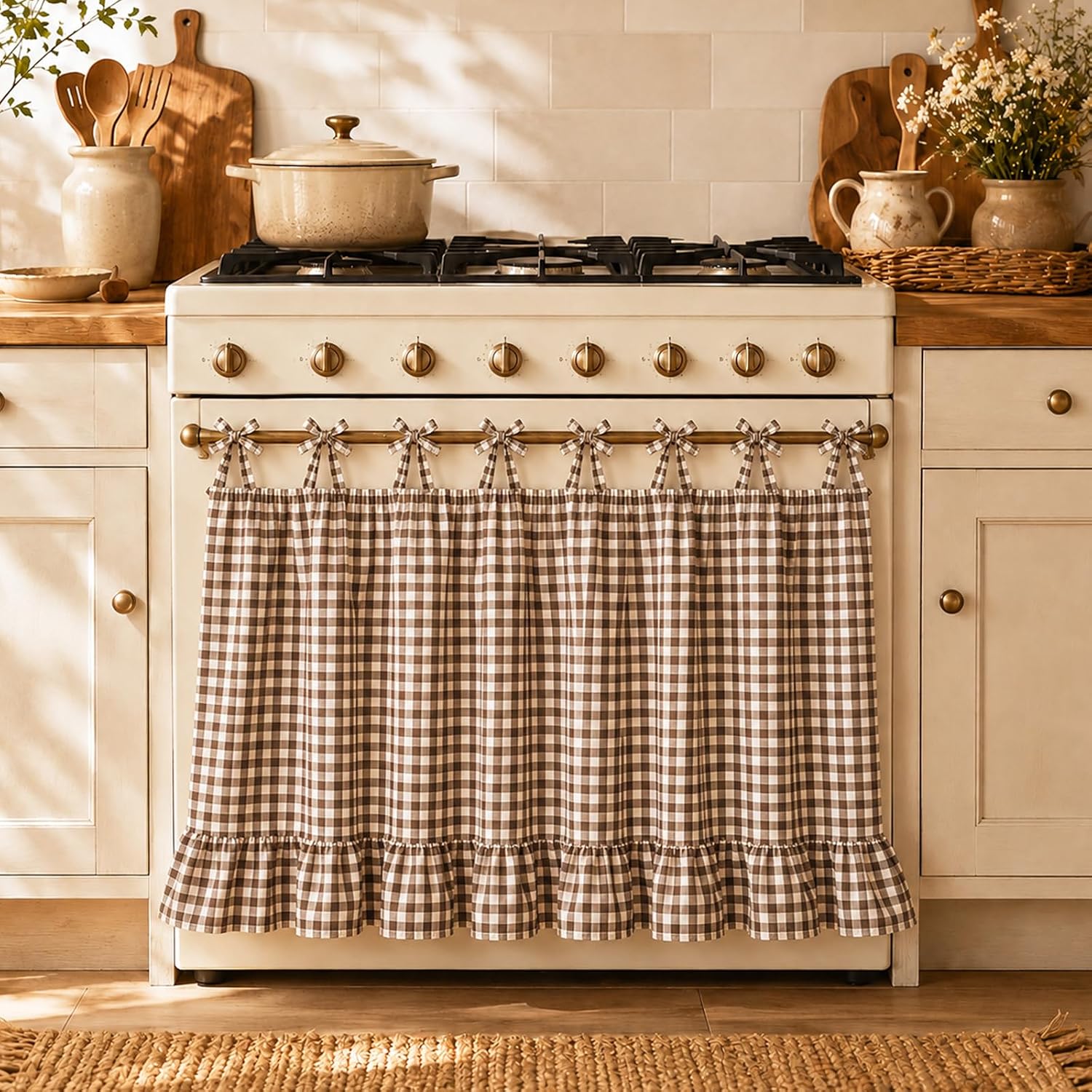 Farmhouse Oven Skirt, Coffee Brown Check Farmhouse Ruffle Oven Door Cover with 8 Ribbon Ties, 30 x 21.5 Inch Cotton Rustic Decorative Oven Door Curtain for Kitchen, Dishwasher & Range