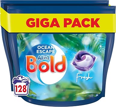 Bold All-in-1 PODS, Washing Liquid Detergent Tablets / Capsules 128 Washes 64X2 Ocean Escape, Washing Detergent For Brilliant Cleaning With Built-In Fabric Softener
