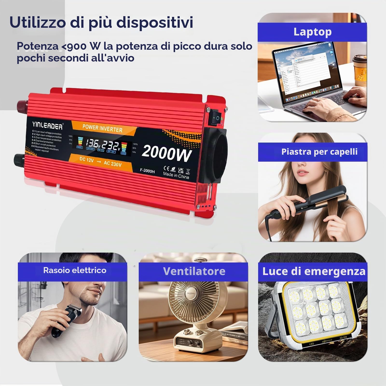 Power inverter 12V 220V 850W /2000W convertitore di tensione con display LCD 2 USB