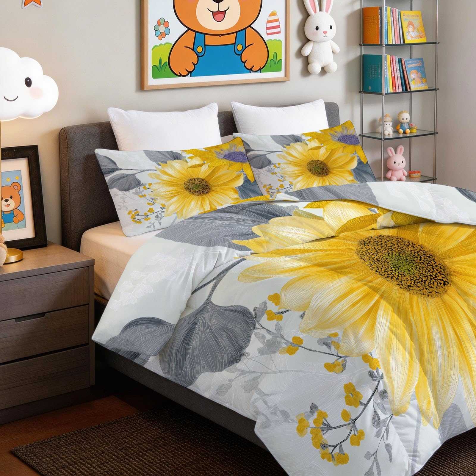 Piumino da 135 x 200 cm, 4 stagioni, con girasole botanico, fiori sparsi, caldo, delicato sulla pelle, per tutto l'anno, 135 x 200 cm, moderno, senza rivestimento, lavabile, con 2 federe da 80 x 80 cm
