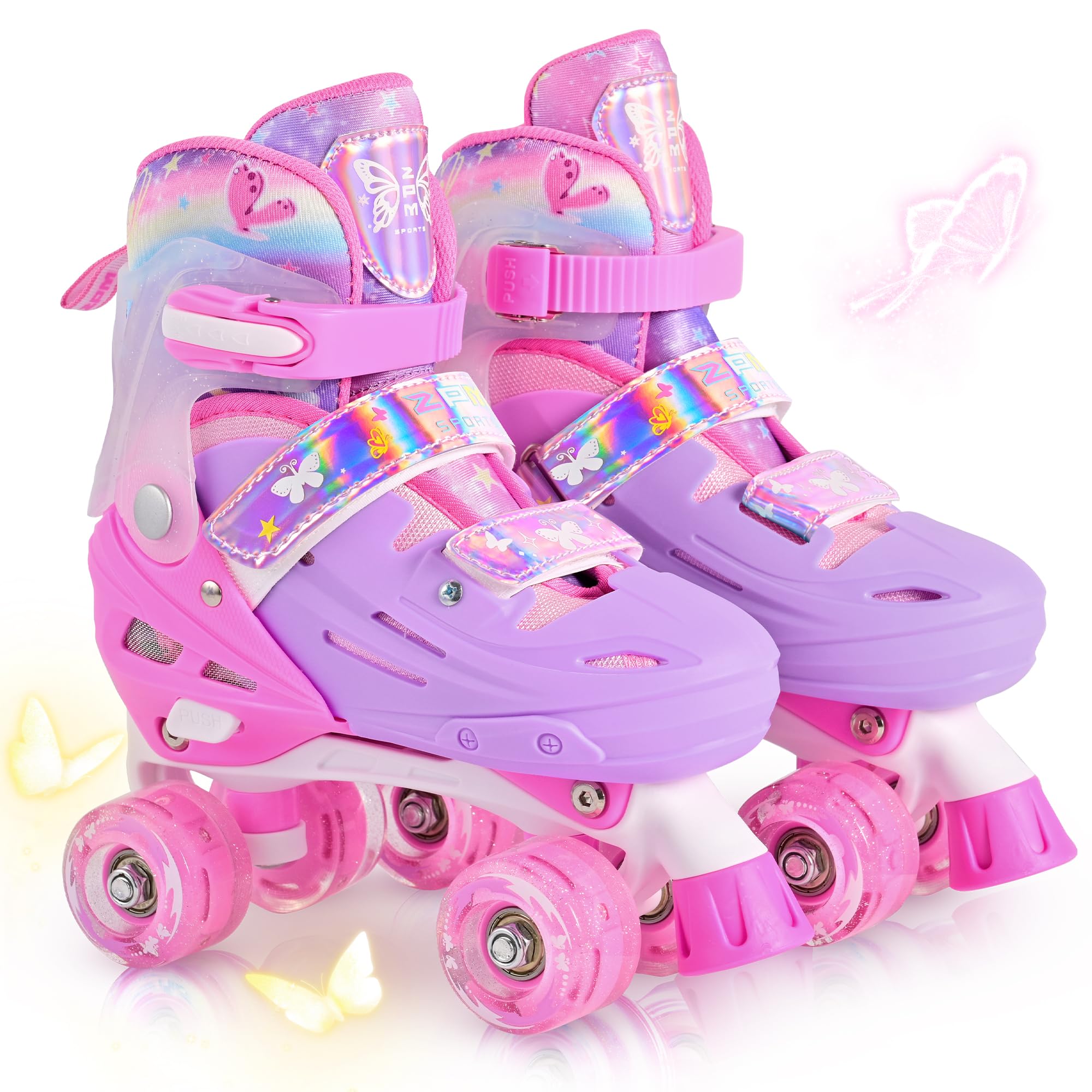 2PM SPORTS Patins à roulettes pour Enfants Fille - Rose Bleu Réglable 4 Roues pour Débutant Intérieur Extérieur
