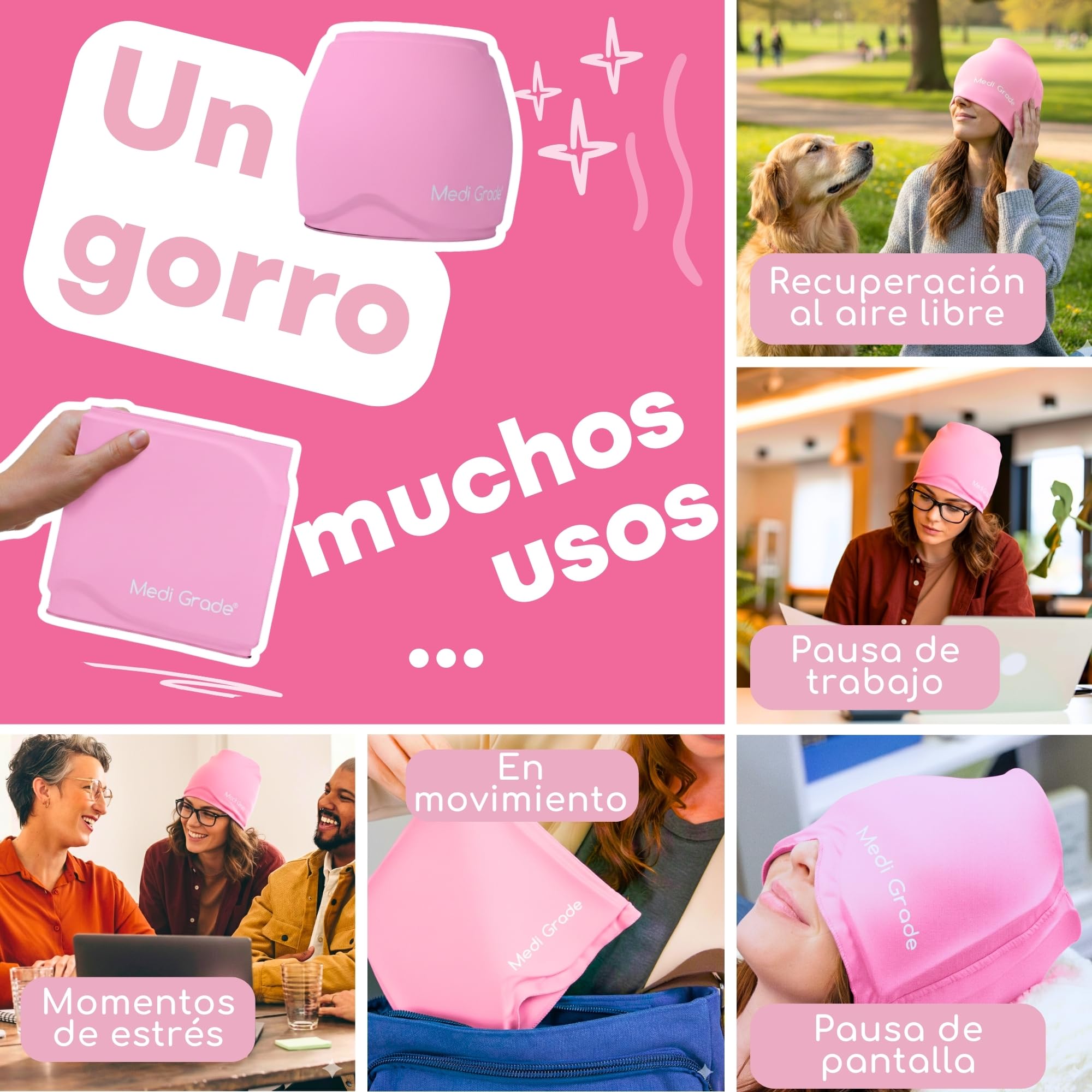 Medi Grade Gorro para Aliviar la Migraña 360 de Cobertura Total, Rosa – Gorro para Migrañas de Compresión Refrigerante – Reutilizable, Tejido Flexible y Suave que Bloquea la Luz – Terapia de Frío
