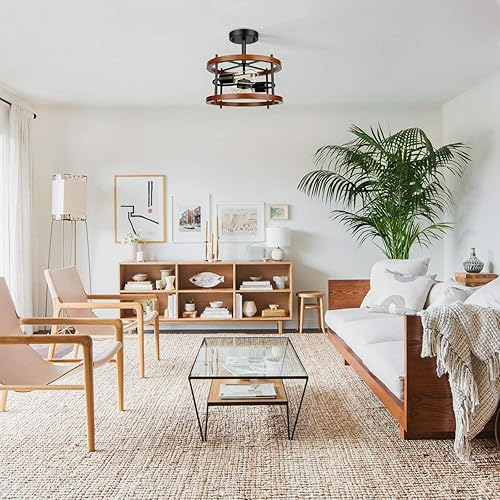 Miniatura 7 de Lakumu Lámpara de techo retro semiempotrada de 2 luces, lámpara de techo de madera rústica vintage de metal negro, lámpara de techo industrial de