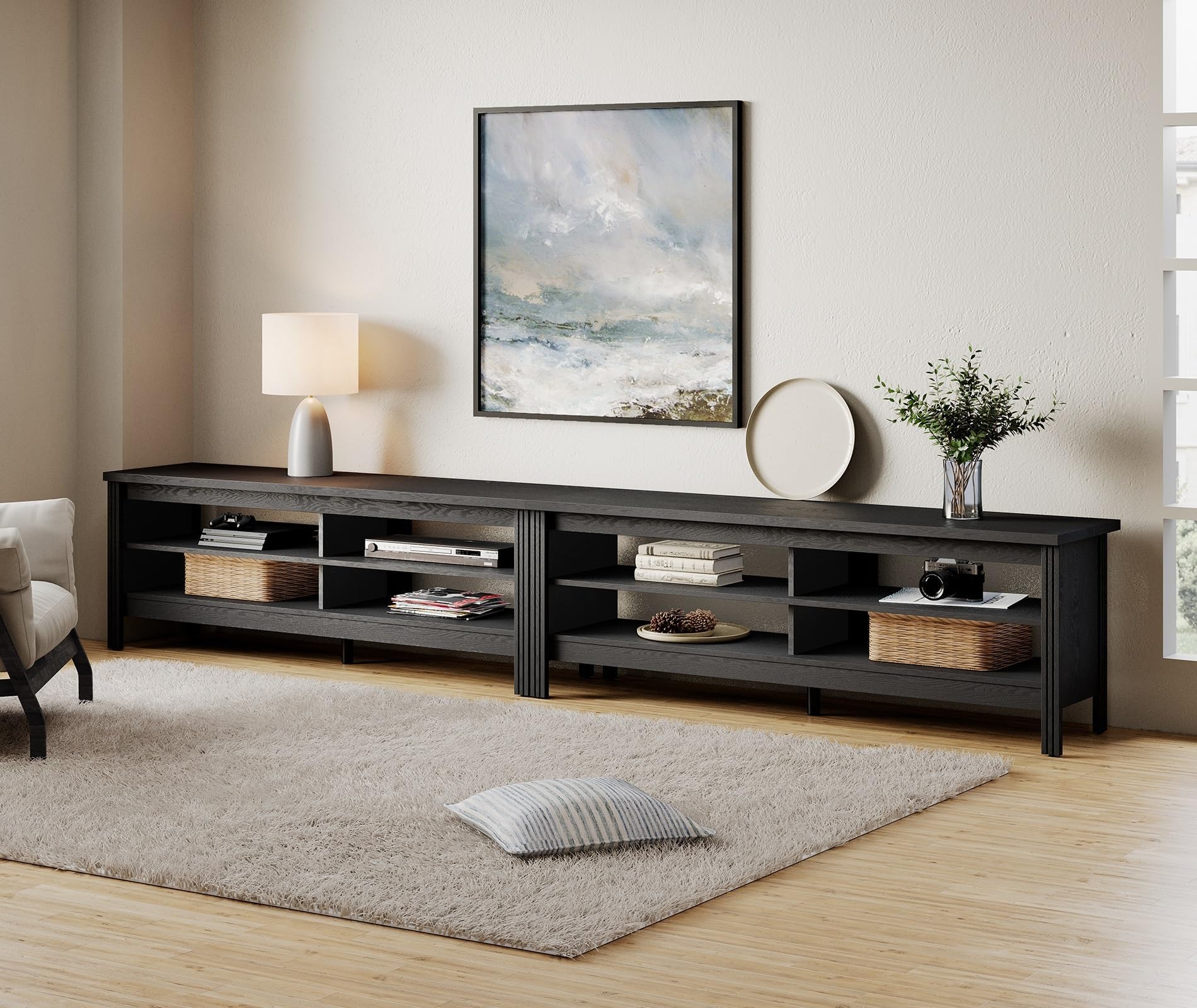 Large Wooden Entertainment Center for 100+ Inch TV, 75-90 Inch Television Stand With 8 Cubby, Console Table and End Tables Set for Living Room Office Bedroom, Black, 105 Inch