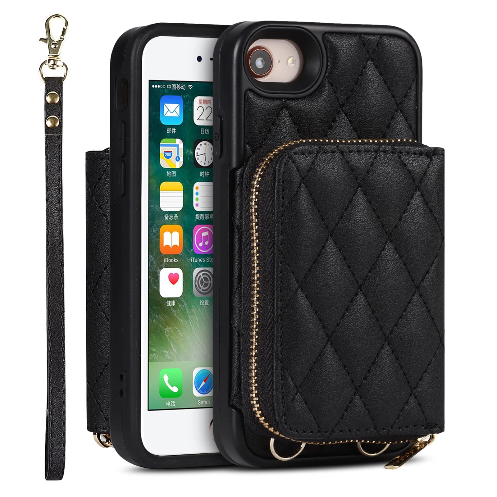 Hülle für iPhone SE 2022/SE 2020/8/7, PU Leder Magnetisch Schutzhülle Crossbody Phone Tasche mit Abnehmbarer Einzigartiger Kleiner Geldbörse für iPhone 7/8/SE2/SE 3,Schwarz