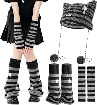 Jspupifip Y2K Arm Warmers Leg Warmers Beanie Hat Emo Goth Star Pattern | 3PCS Knit, Arm and Leg Warmers, Thumb Hole Design, Cat Beanie Hat, for Emo Outfits, Goth Style, and Daily Wear