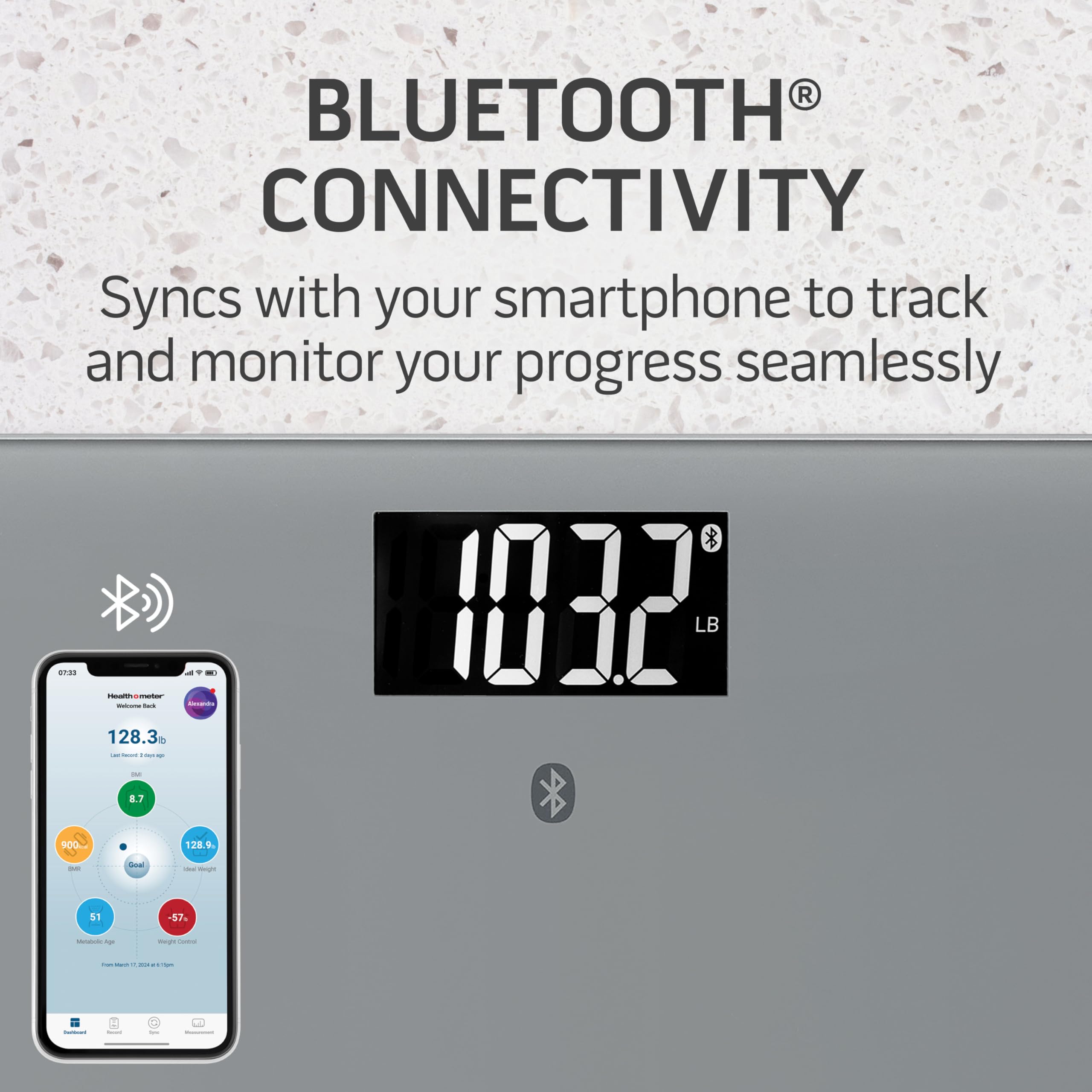 Health o meter Bilancia Bluetooth per la composizione corporea, tiene traccia del peso e dell'IMC, ad alta precisione, capacità di 400 libbre, display di facile lettura, design elegante, piedini