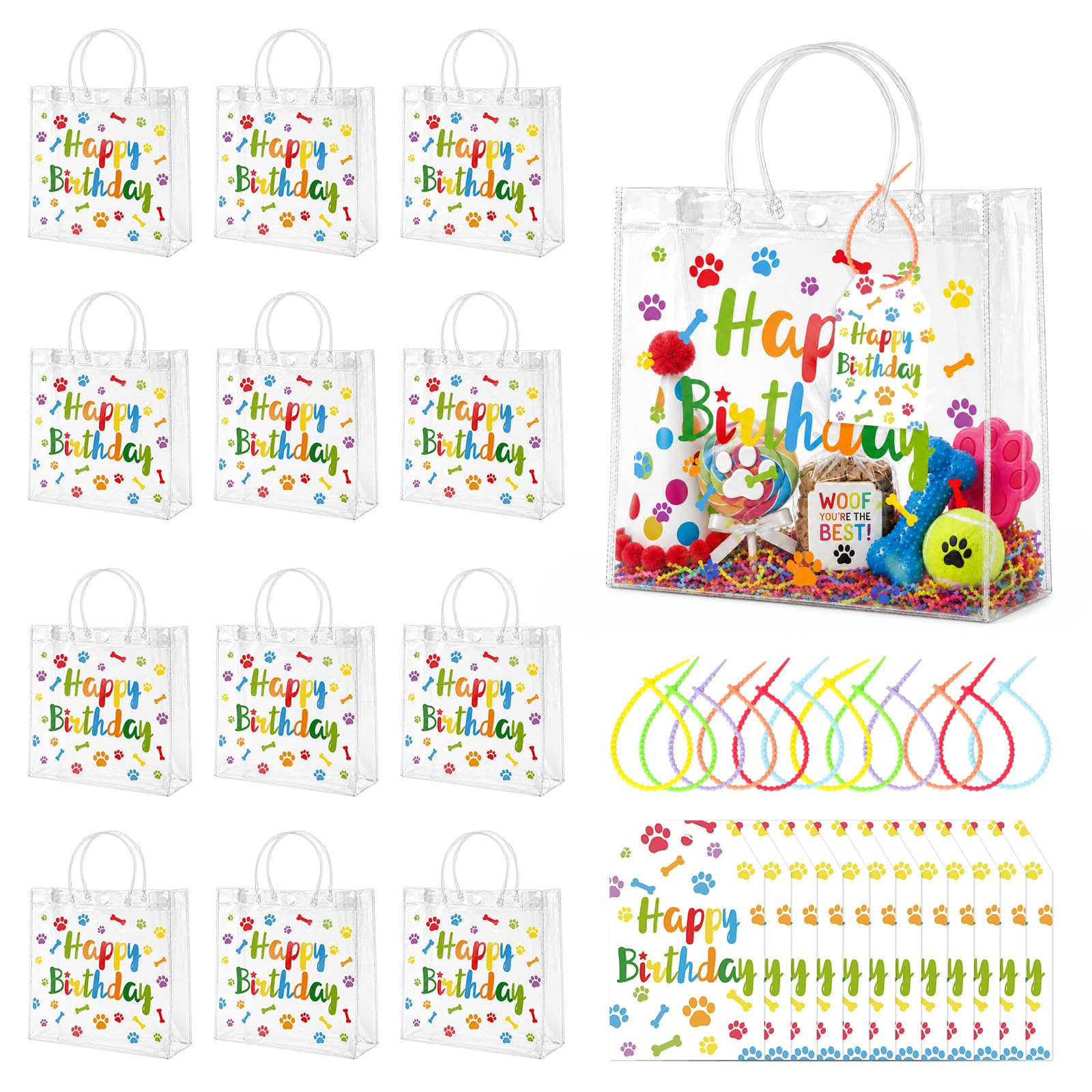 jijAcraft 12Pcs Clear Happy Birthday Gift Bags: Paw Print PVC Party Bags