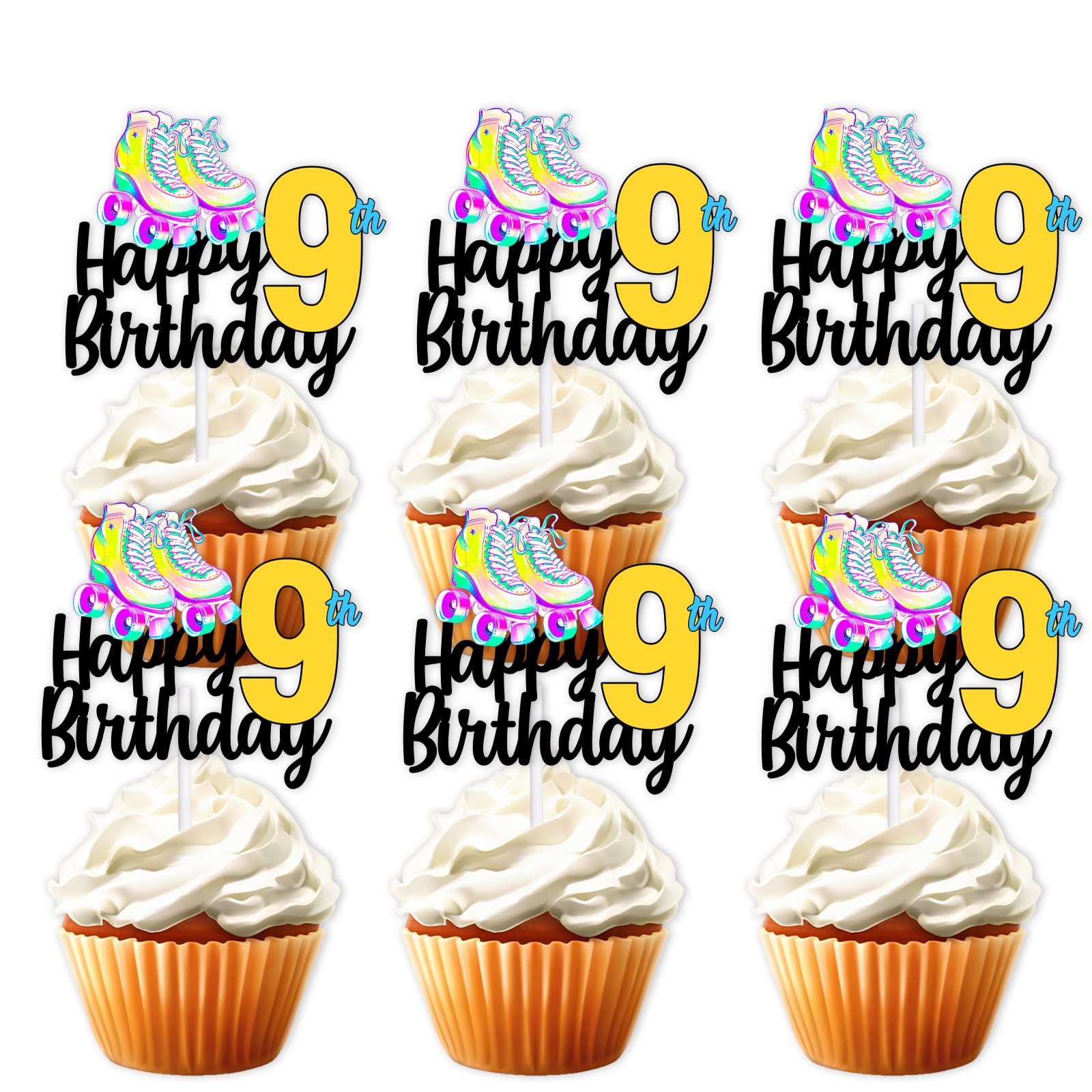 18pcs Gold Glitter Roller Skates Happy Birthday Dessert Cupcake Topper 80s 90s Retro Hip Hop Roller Skating Theme Decor Supplies Boys Girls 9th Happy Birthday Party Decorations