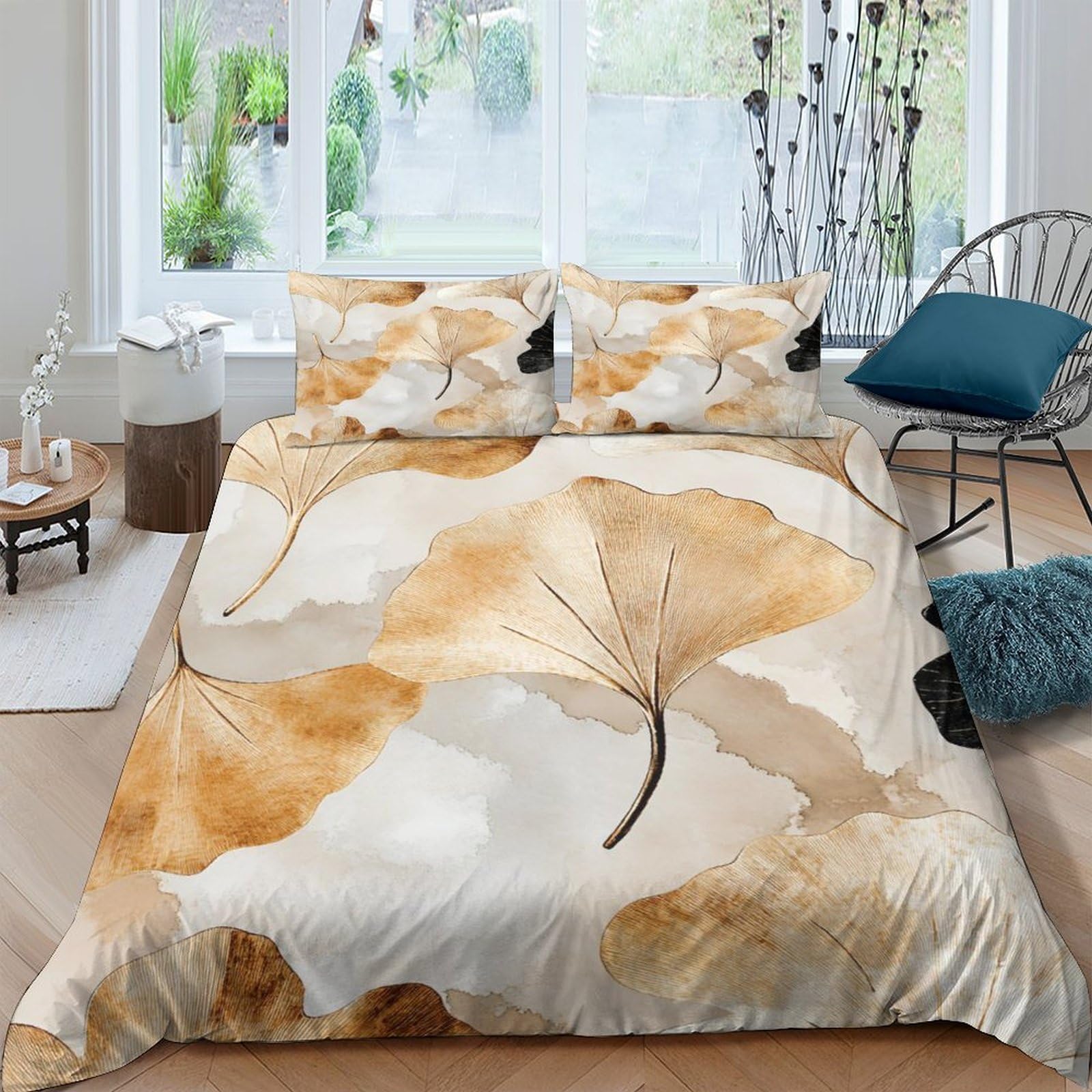 Ctjqhvkz Style-7 3D Printed Watercolor Leaf Fitted Sheet Microfiber Breathable Beige Abstract Bed Cover Bedroom Mattress Protector Single（135X200cm）