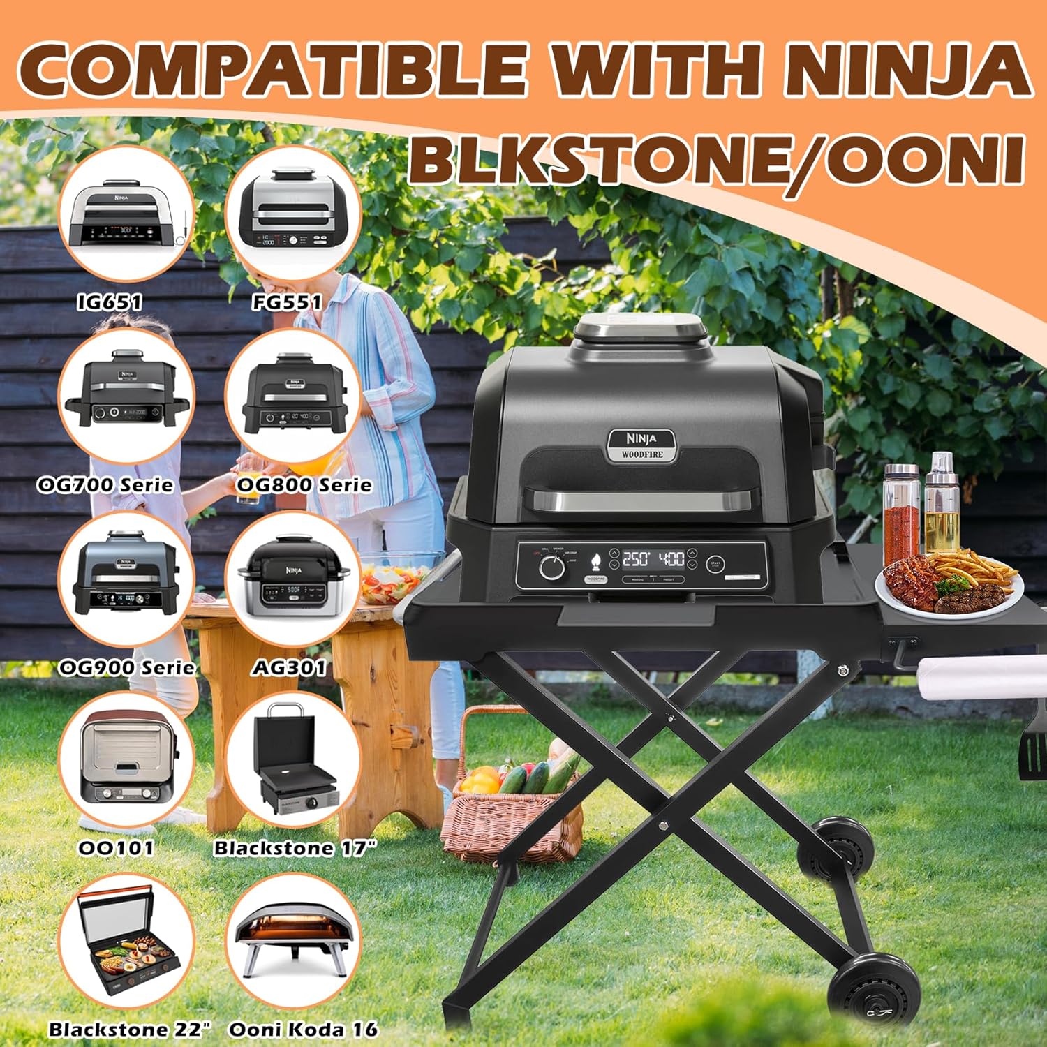 Collapsible Grill Stand for Ninja Woodfire Outdoor Grill OG700/800/900 Series & OO101 Outdoor Pizza Oven Stand, Foldable Grill Cart for Blackstone 17/22 Griddle Stand, with Wheels & Side Table