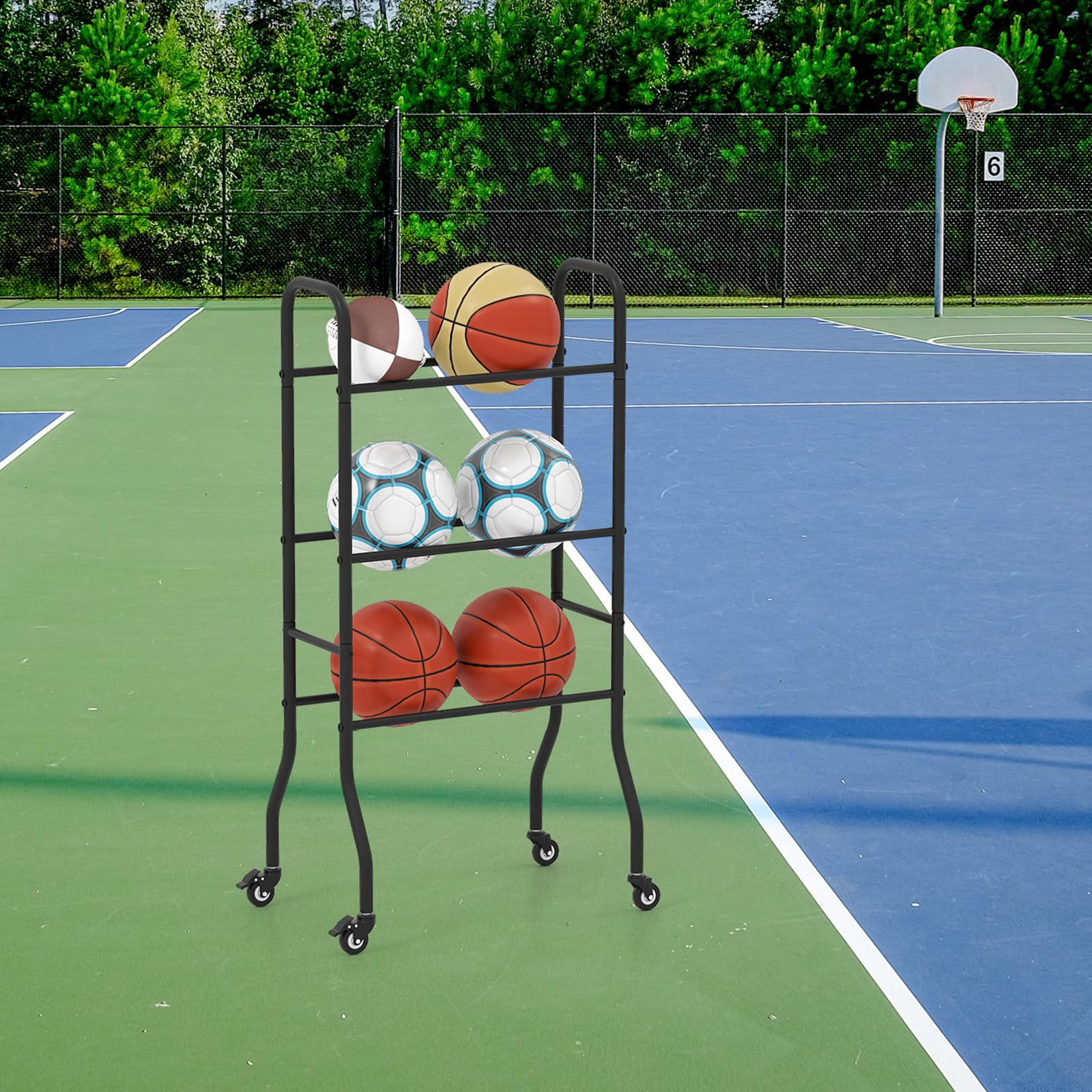 GOPLUS Estantería para Balones con Ruedas Bloqueables, Carro 3 Niveles, Almacenamiento para Baloncesto