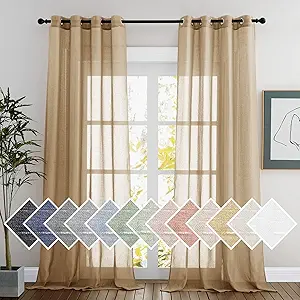 NICETOWN Natural Linen Blend Semi Sheer Curtains, Grommet Top Bedroom Window Privacy with Light Penetration Flax Sheer Drapes for Living Room/Bedroom, Camel, W52 x L108, 2 Panels