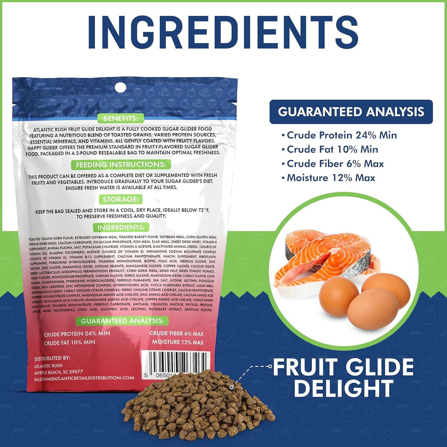 Atlantic Rush Fruit Glide Delight Sugar Glider Food - 2lb Resealable Bag of Food for Sugar Gliders - Complete Nutrition, High Protein and Vitamins Sourced and Made in USA - Sugar Glider Treats