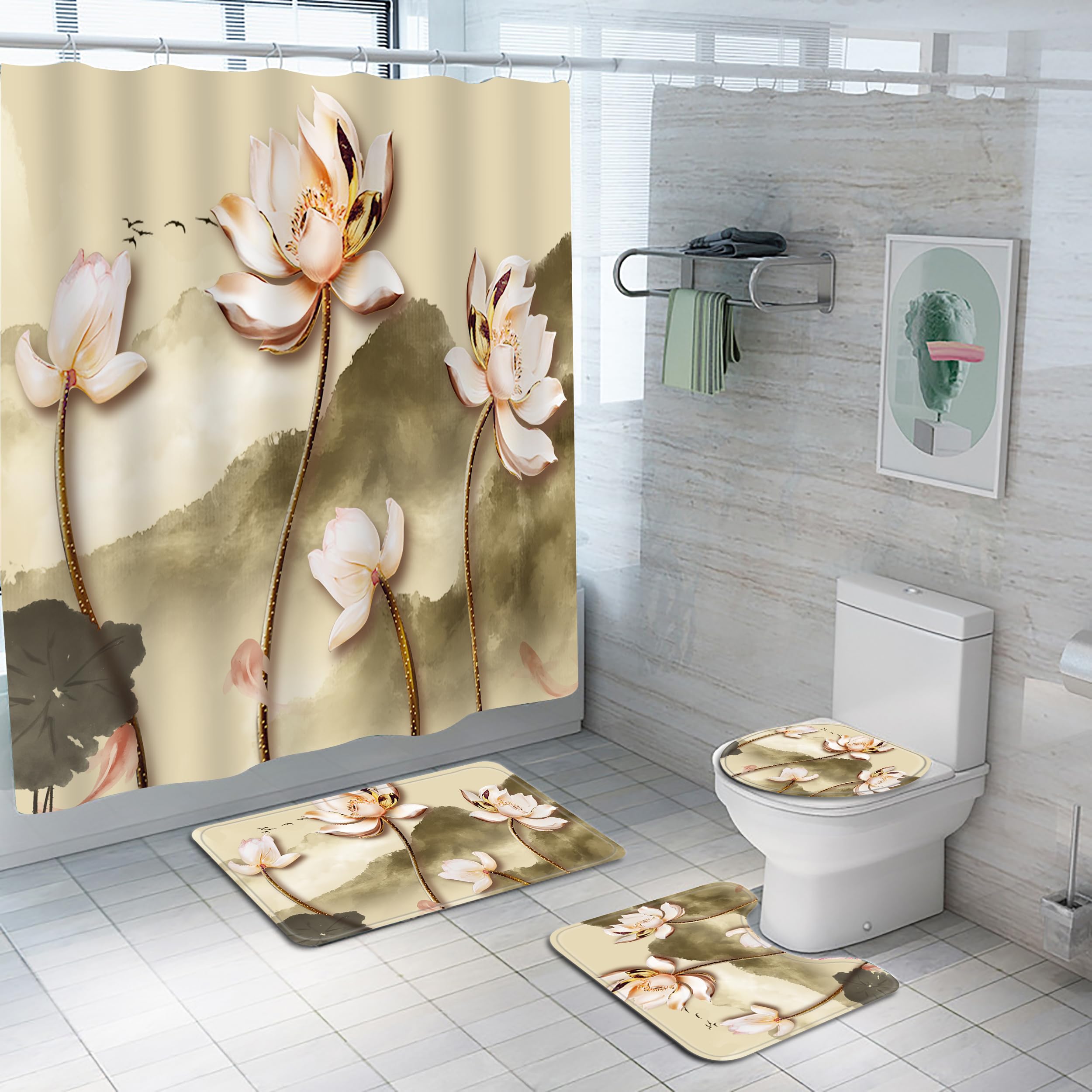 Planially 4Pcs Abstract Ink Painting Shower Curtain Sets,Bathroom Sets with Shower Curtain, Toilet Lid Rug, Contour Mat and Bath Mat, Shower Curtain with 12 Hooks for Bathroom Set Decor,72 * 72 Inch