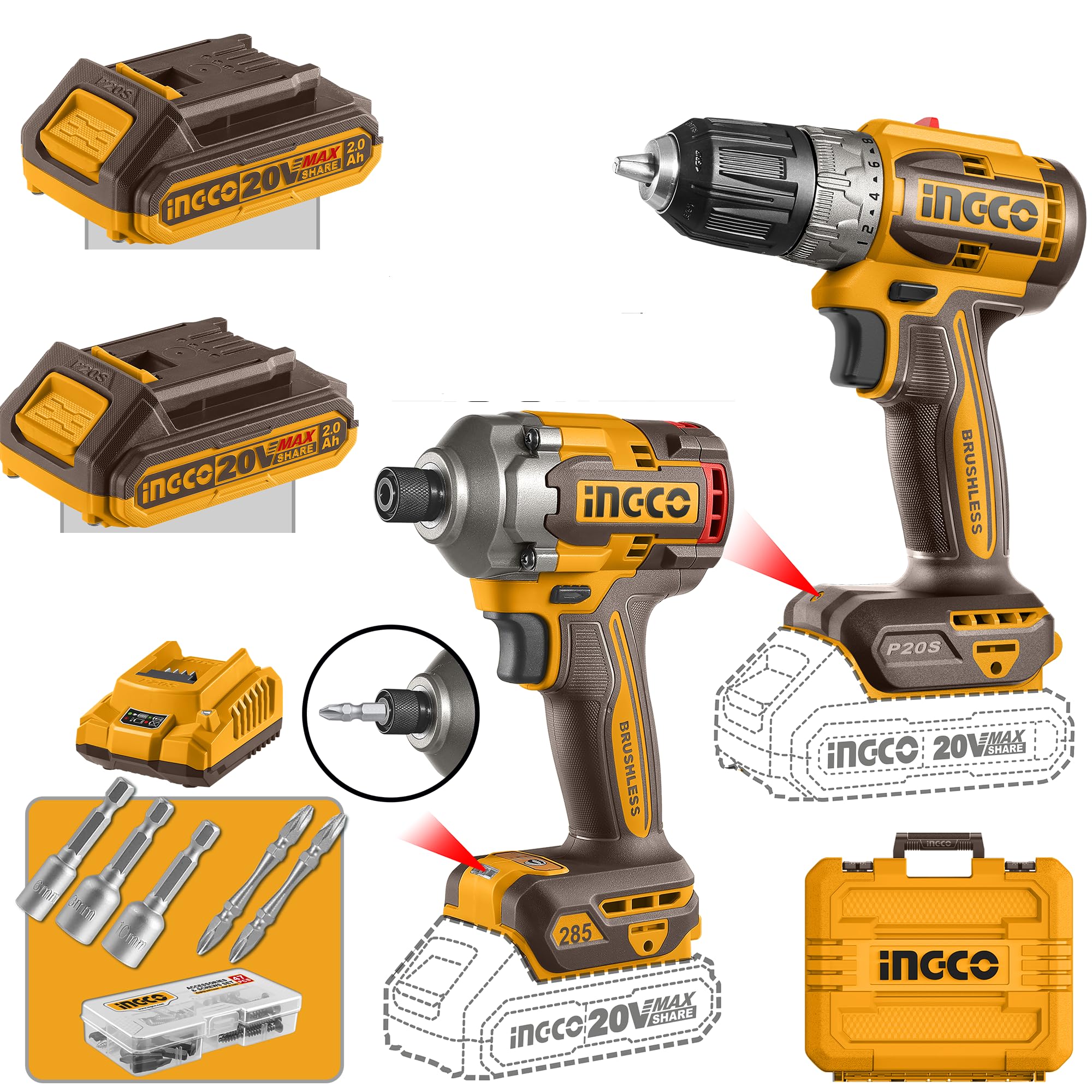 INGCO Cordless 2 pcs Combo Kit, With 1 pcs Brushless Cordless Drill, With 1 pcs Cordless Impact Driver-image-13