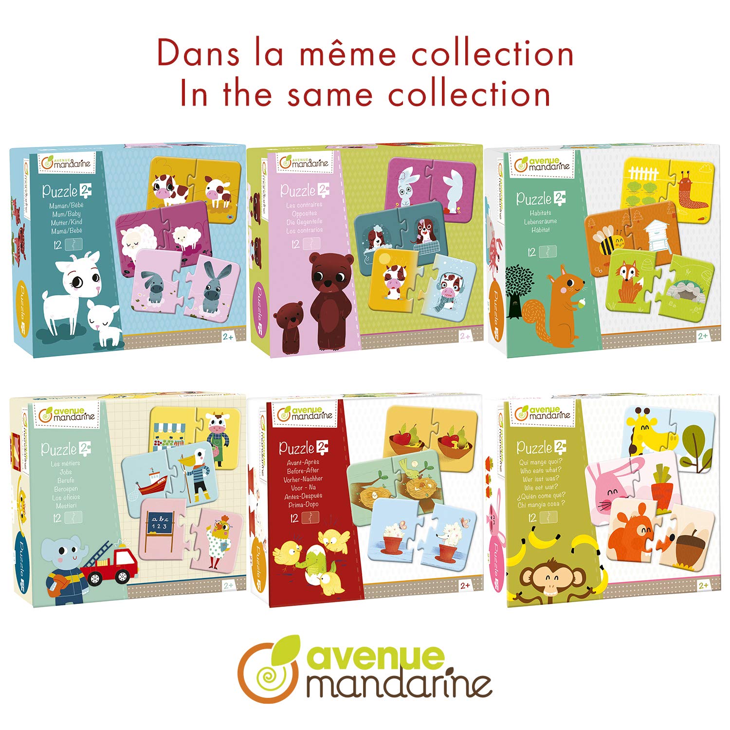 Avenue Mandarine JE502O - Scatola da 12 puzzle 2 pezzi Mamma e cuccioli 8x12 cm da ricomporre