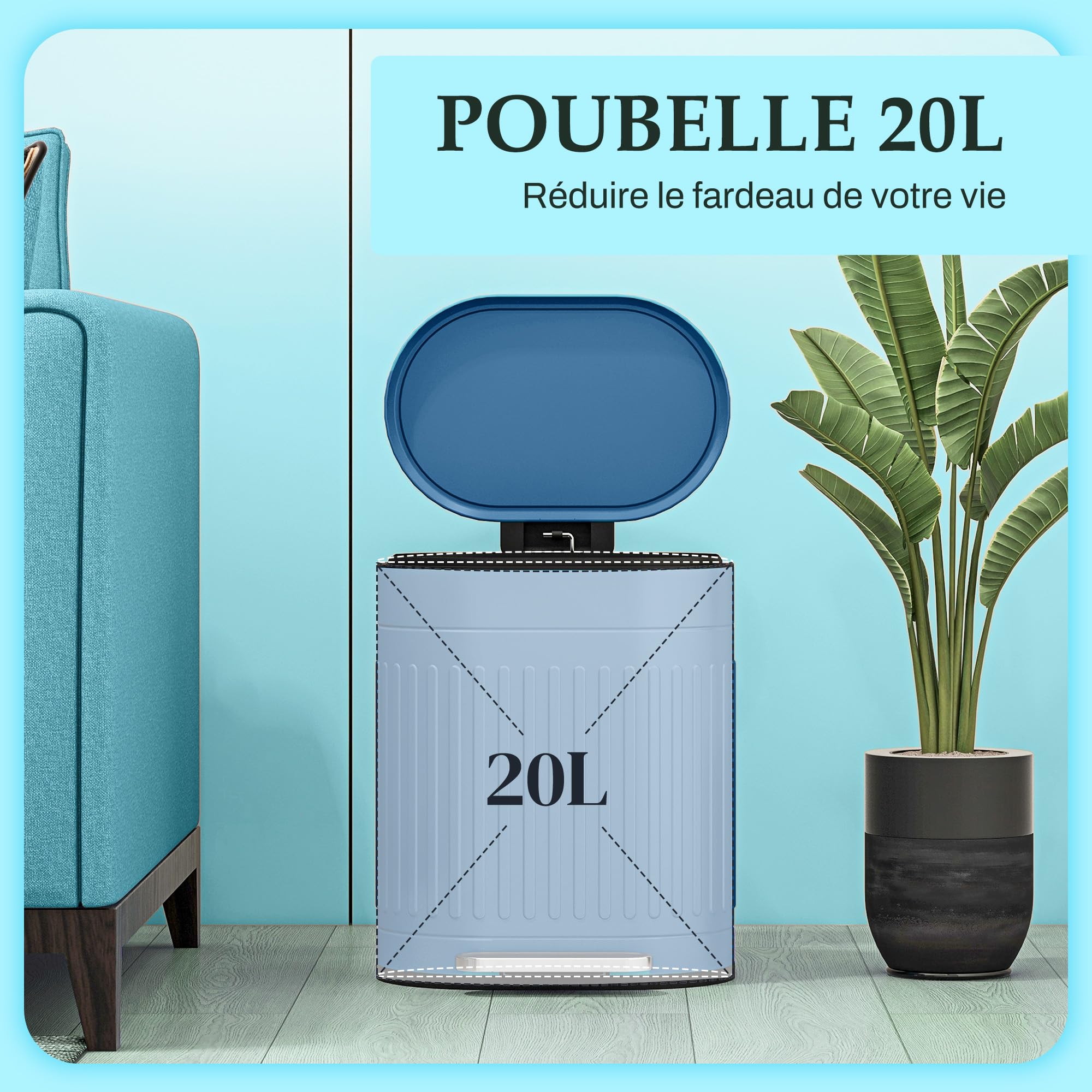 HOMCOM Poubelle de Cuisine 20L à Pédale Ovale 36,5 x 31,2 x 45 cm Bleu | En Métal, Couvercle à Fermeture Douce, Anti-Traces de Doigts, Seau Intérieur Amovible