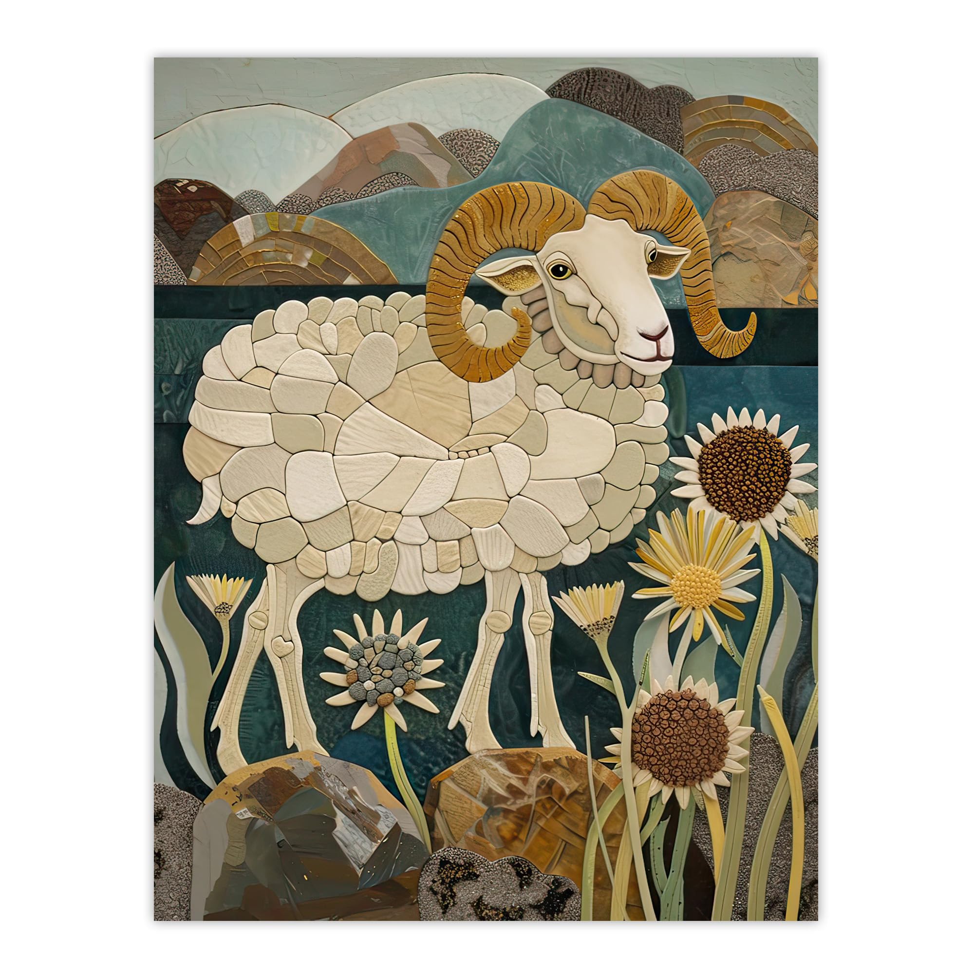 Artery8 Rocky Mountain Bighorn Sheep Mosaic Floral Living Room Extra Large XL Wall Art Poster Print