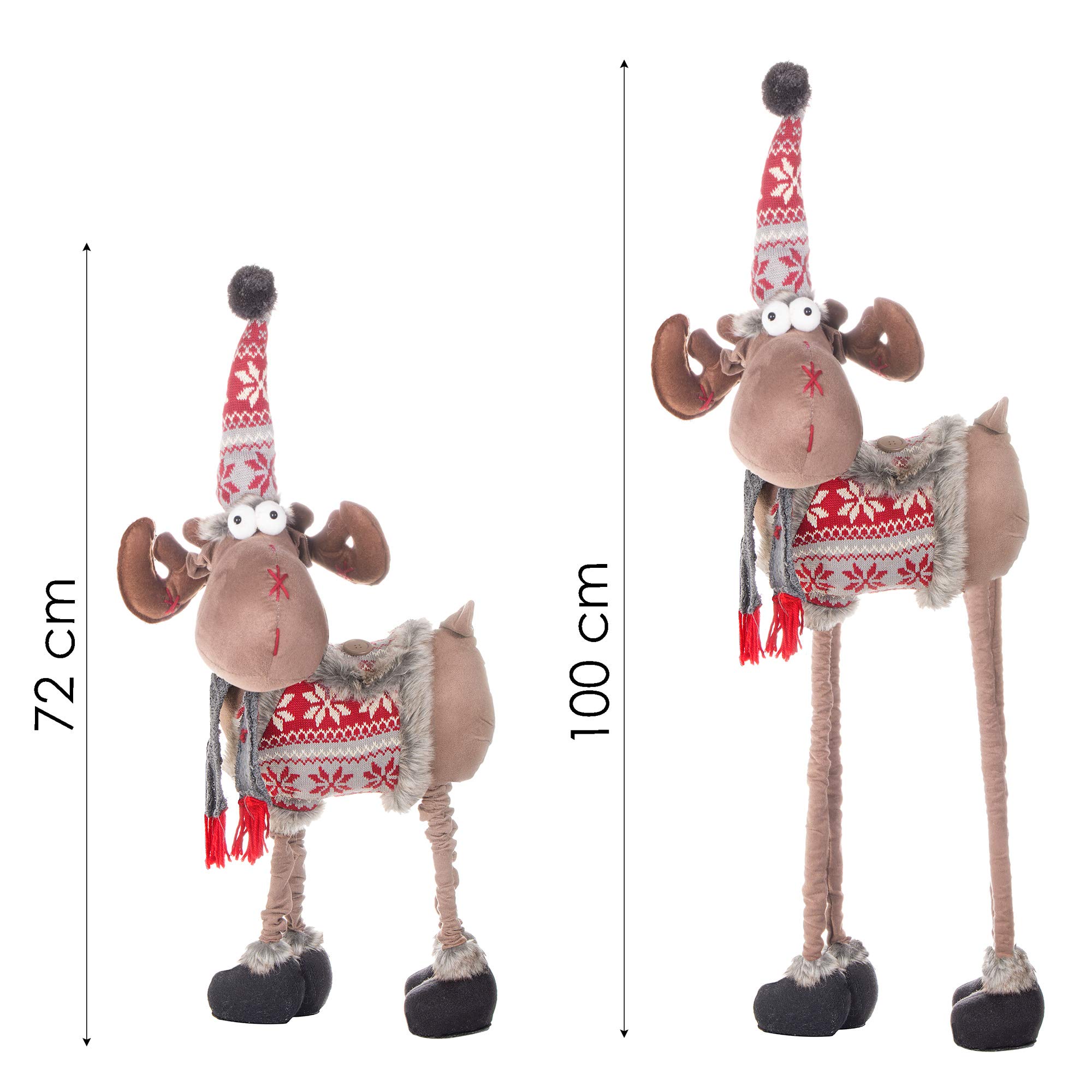 SPRINGOS Weihnachtsfigur Rentier Elch Teleskopbeine höhenverstellbar von 72 bis 100 cm niedlich mit Mütze und Schal Weihnachtsdekoration (Kleidung rot, grau, weiß, 72-100 cm)