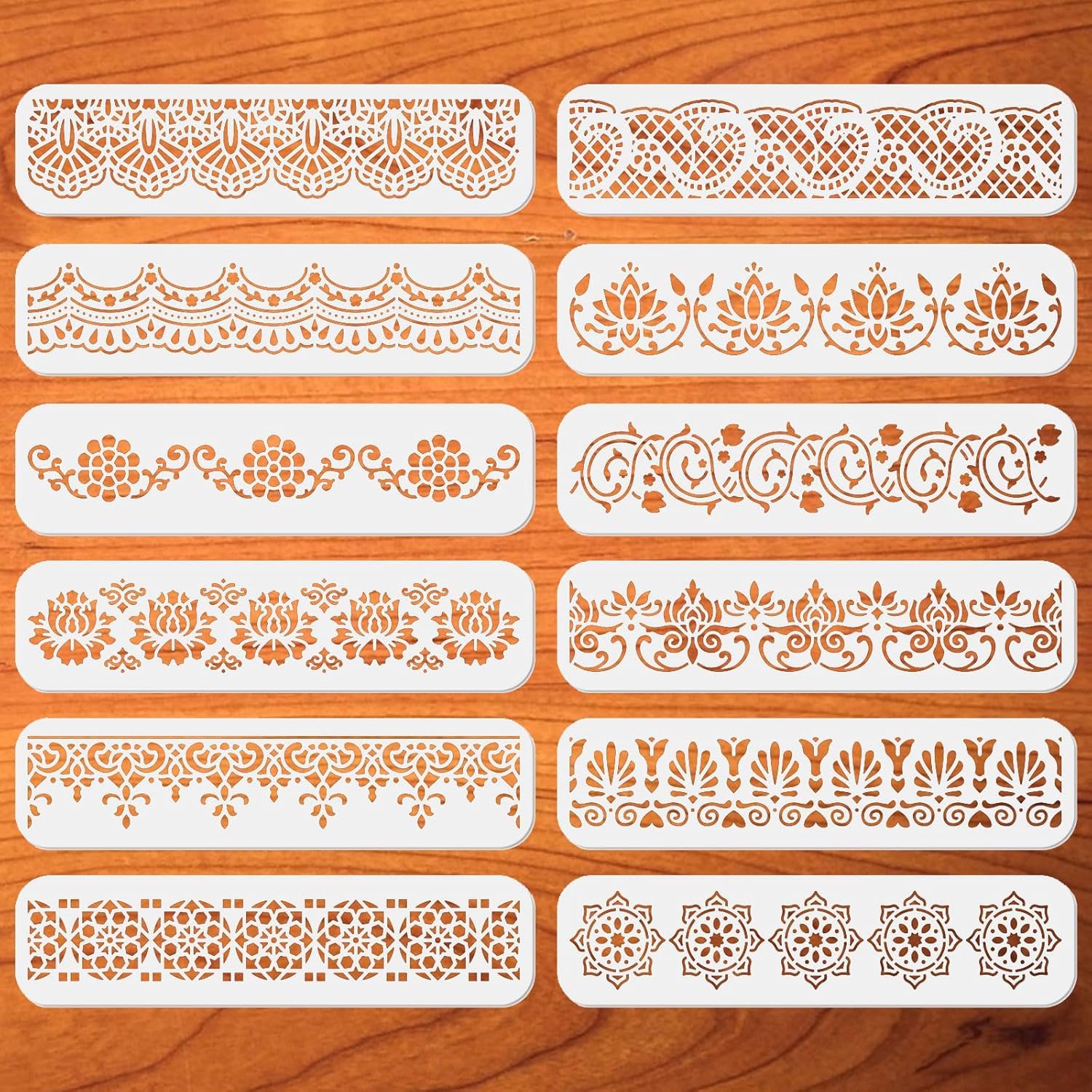 ORIGACH 12 Pcs Flower Border Stencil PET Ornate Mandala Border Stencil for Painting - 30x7.6cm Floral Edge Drawing Template for Painting on Wood, Canvas, Wall - Reusable Template for Home Decor