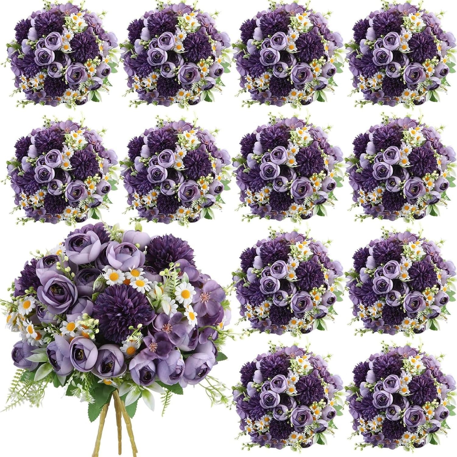 12 Bundles Dark Purple Artificial Flowers, Faux Peonies Roses Hydrangea Bouquet for Wedding Table Centerpiece Home Decor