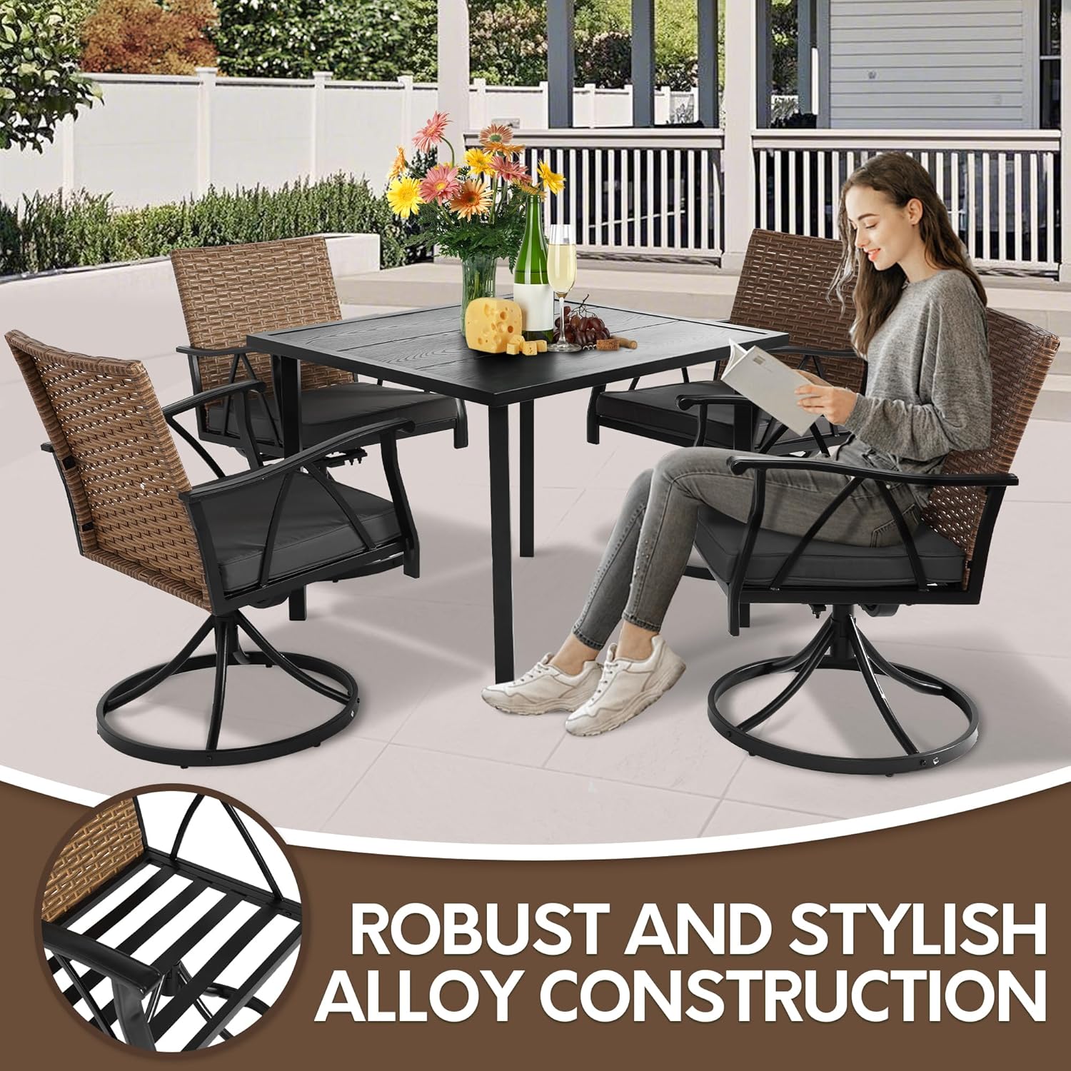 5 Piece Patio Dining Set for 4, 4 Swivel Chairs with Cushions and 1 Square Table with 1.75” Umbrella Hole Outdoor Furniture Set, Black and Brown