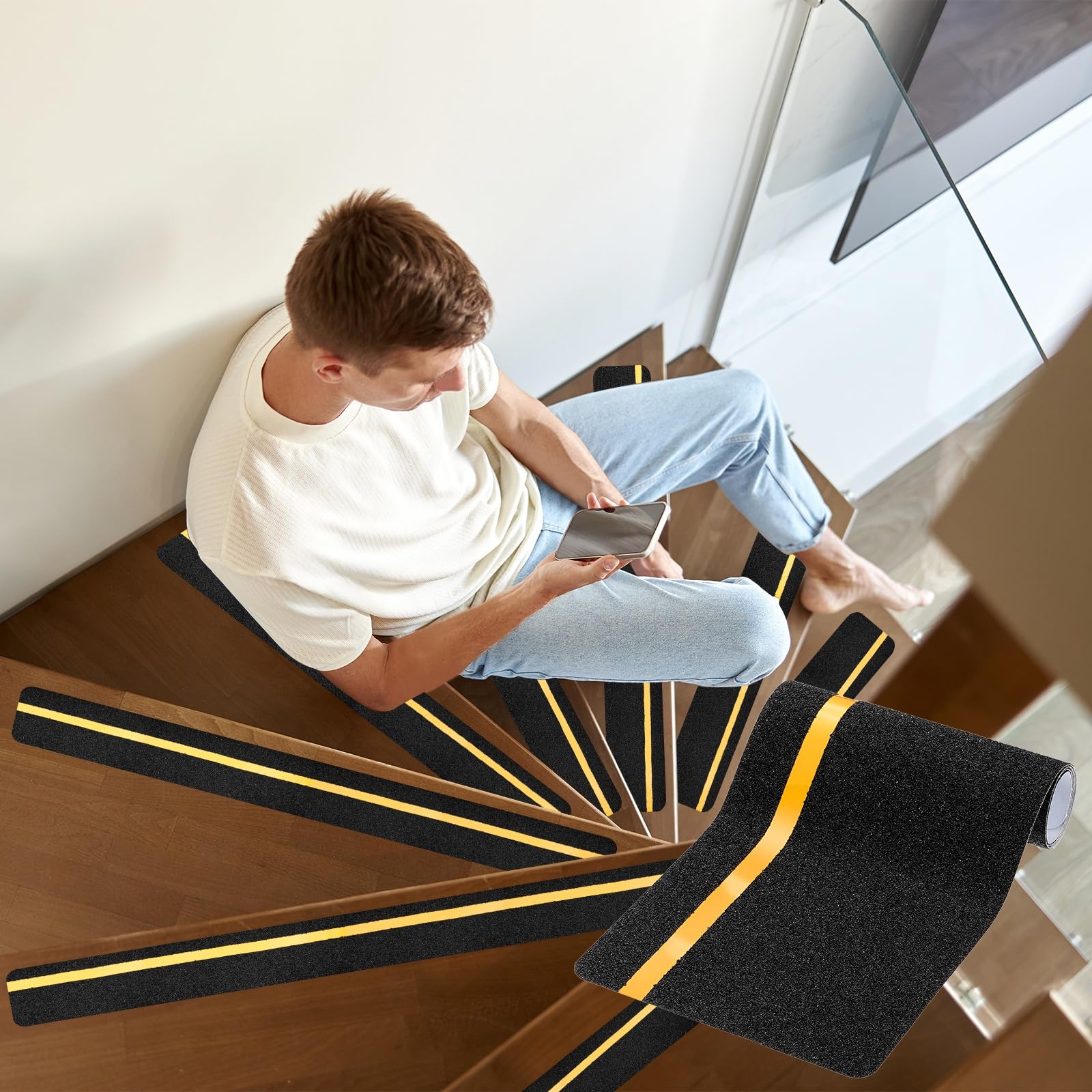 PATIKIL 15x61cm Cinta Antideslizante Para Escalones Negra, Paquete De 25 Tiras Autoadhesivas Antideslizantes Con Franja De 12mm Fosforescente Para Escalones De Madera