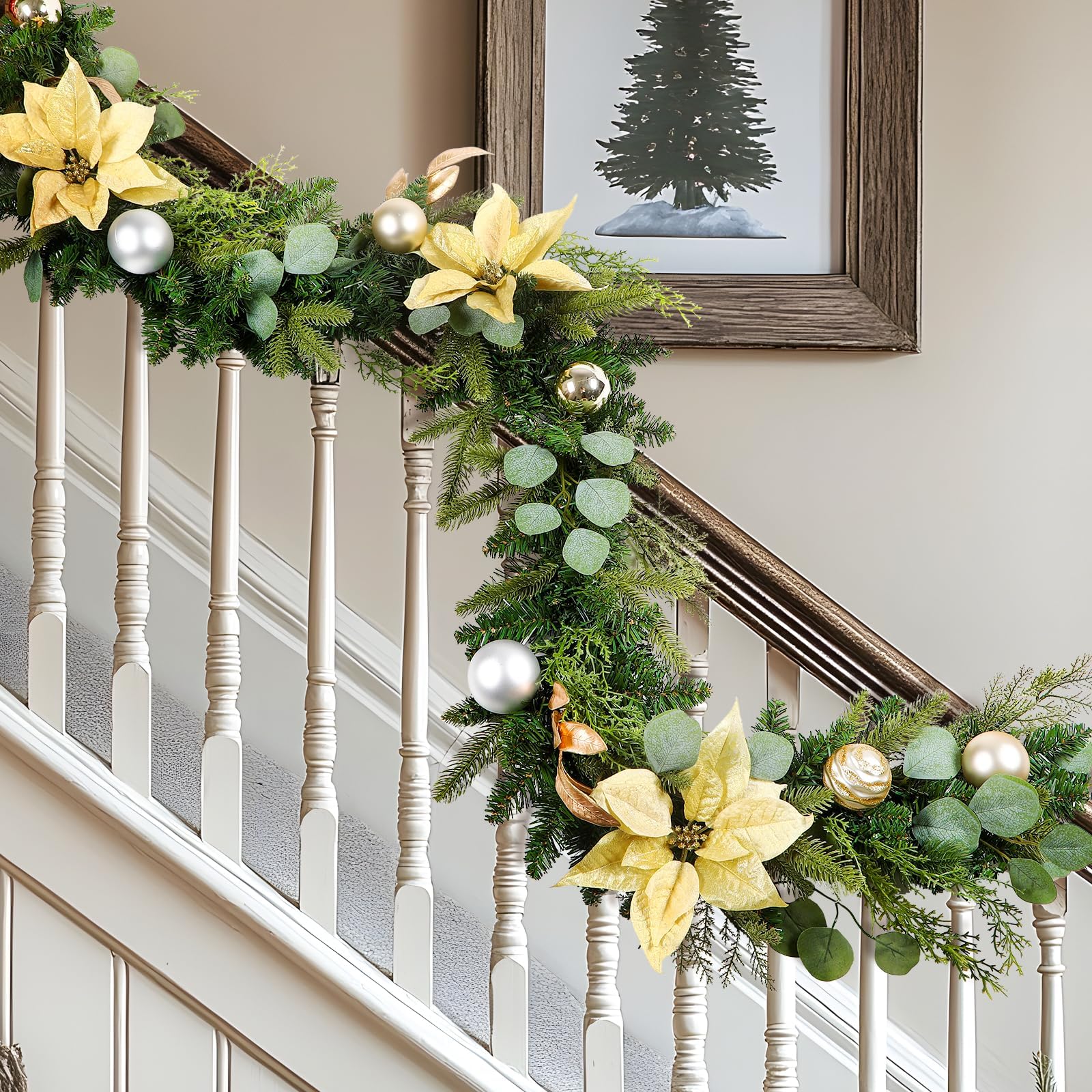 Alupssuc 6.5FT Christmas Garland with Gold Flowers, Balls and Eucalyptus Leaves Decorations, Realistic PVC & PE Material, Artificial Xmas Garland for Stairs, Fireplace, Door, Table Decor