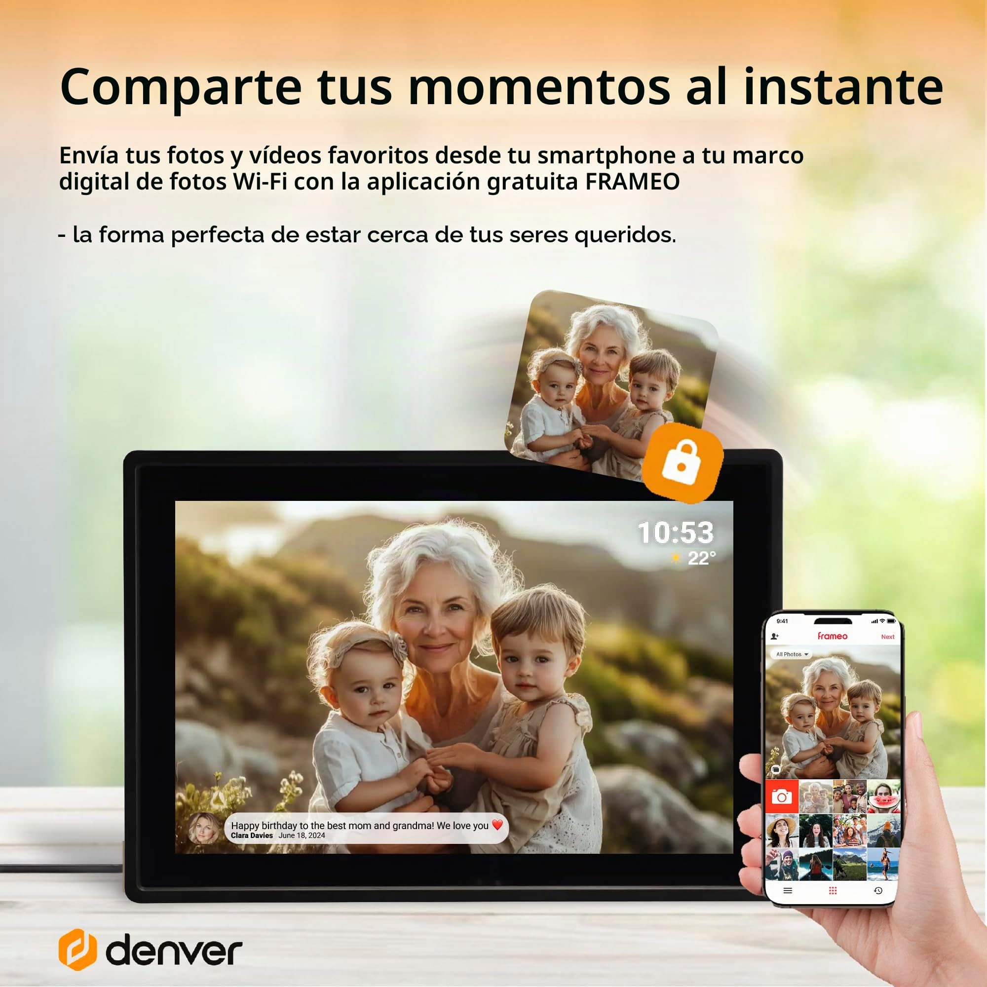 Denver Frameo Marco Digital WiFi 10,1 Pulgadas, Pantalla IPS táctil, 16 GB, App Frameo, Color Negro