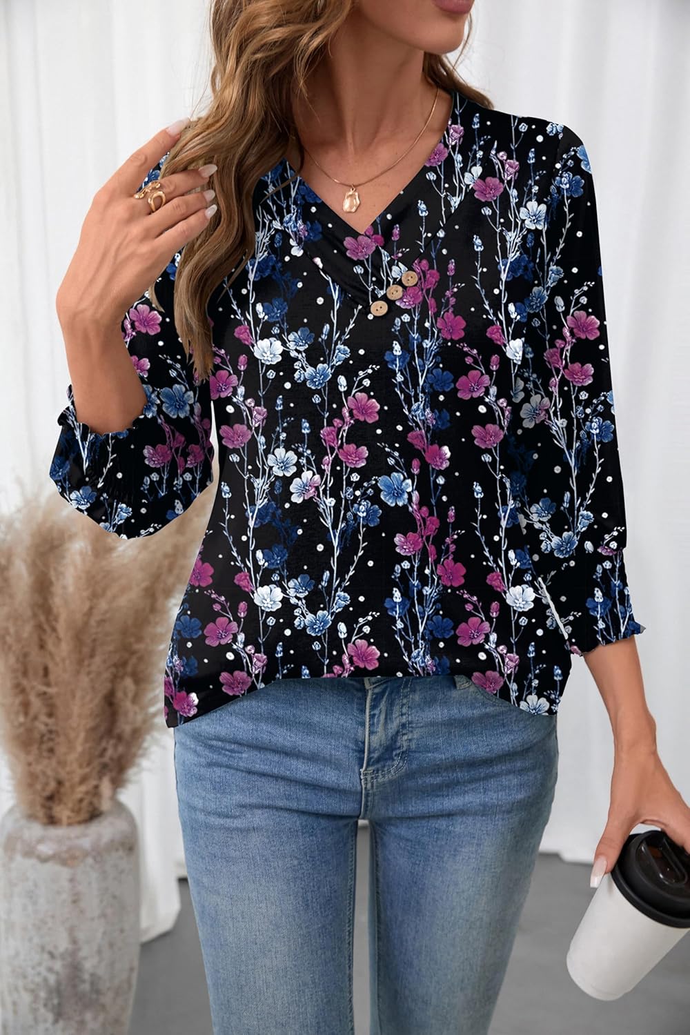 LOMON Blouses for Women Dressy Casual 3/4 Length Sleeve Womens Tops with Buttons Decor - Image 5