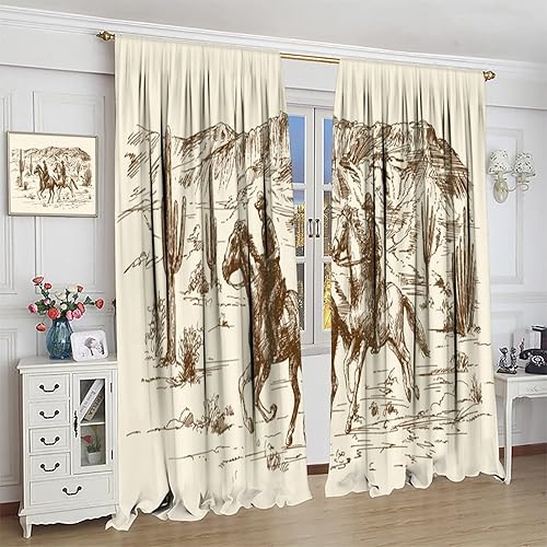 Miniatura 3 de Cortina opaca de vaquero, estilo retro, estilo bosquejo, del desierto occidental, con bolsillo para cortinero, para dormitorio, sala de estar,