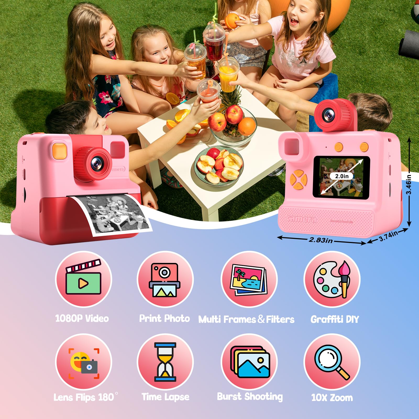 GREENKINDER Macchina Fotografica Bambini Istantanea, 1080P Macchina Fotografica Bambini con Lente 180° Flip, Scheda 32GB & Carta da Stampa, Regali di Natale Compleanno per 3-12 Ragazze Ragazzi