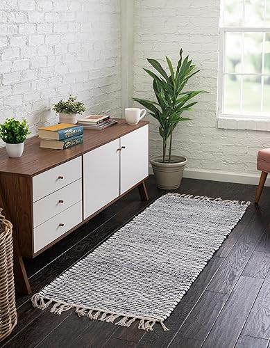 Unique Loom Chindi Jute Collection - Alfombra de área (2 pies 7 pulgadas x 10 pies, color azul marinomarfil)