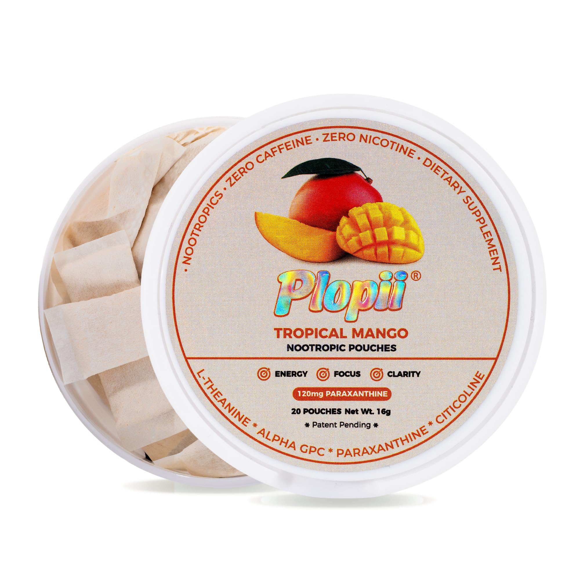 Plopii Focus Nootropic Pouches, 120mg Paraxanthine, Pre-Workout, 20 Count Mango