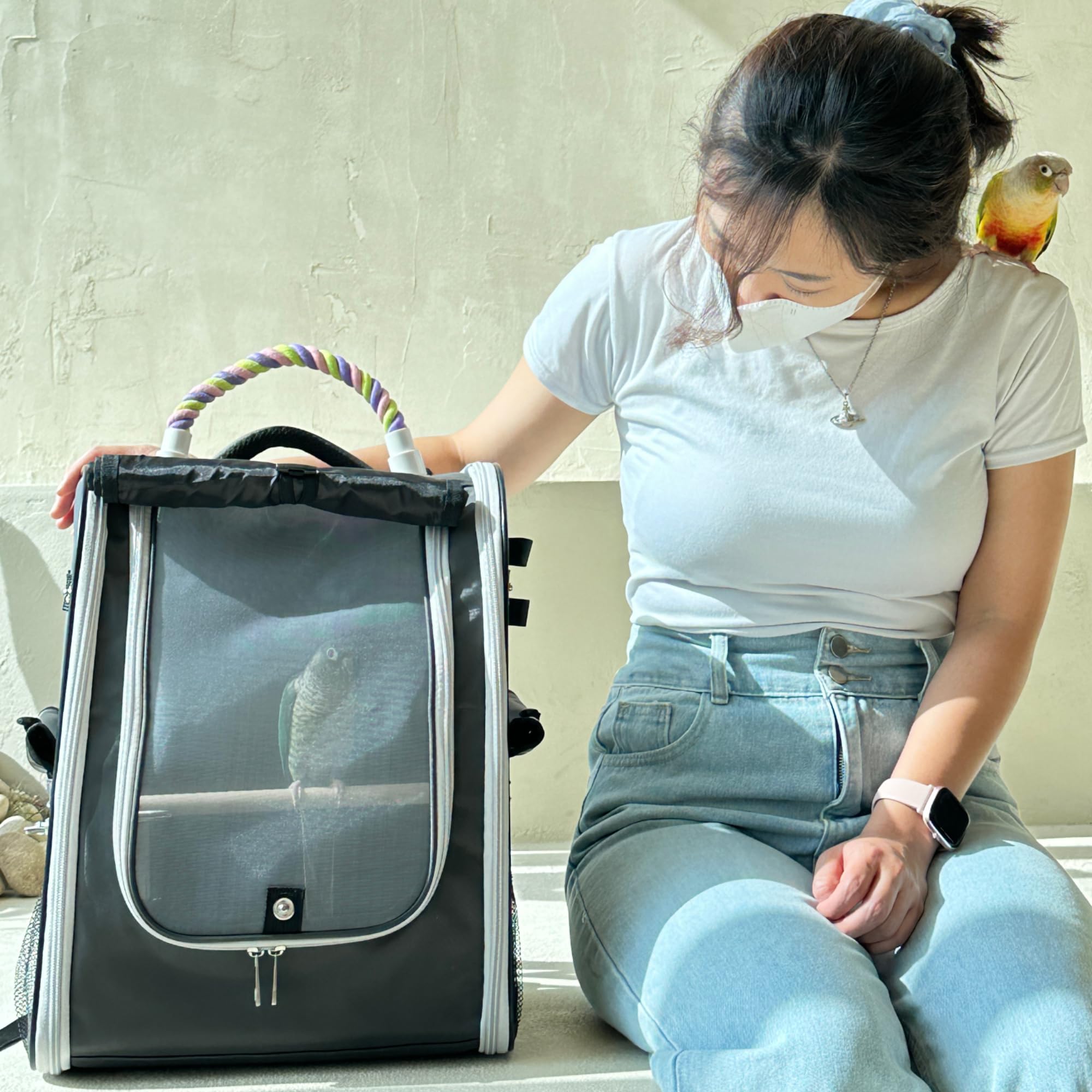 Birds Day Vogeltragerrucksack, Papageien-Reisekäfig mit 2 Sitzstangen und Futternapf, Edelstahl-Tablett (Anthrazitgrau)