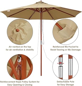 Yescom 9FT Coastal Solid Wood Umbrella Pulley Lift Commercial Base Included | for Seaside Restaurant Terrace Poolside Beach Club Beer Garden Outdoor Shade