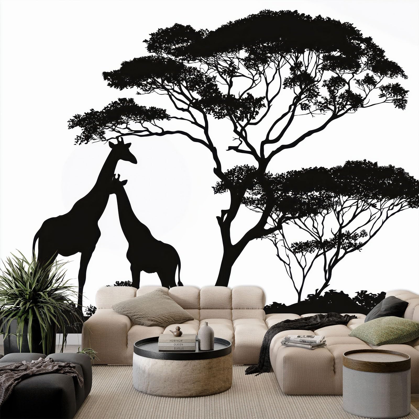 Photo Wallpaper W 450 x H 315 cm - Non-Woven Premium Wildlife Minimalism Giraffe Plants Wall Mural for Living Room Bedroom, Mural Wallpaper TV Background Wall Home Decoration, White