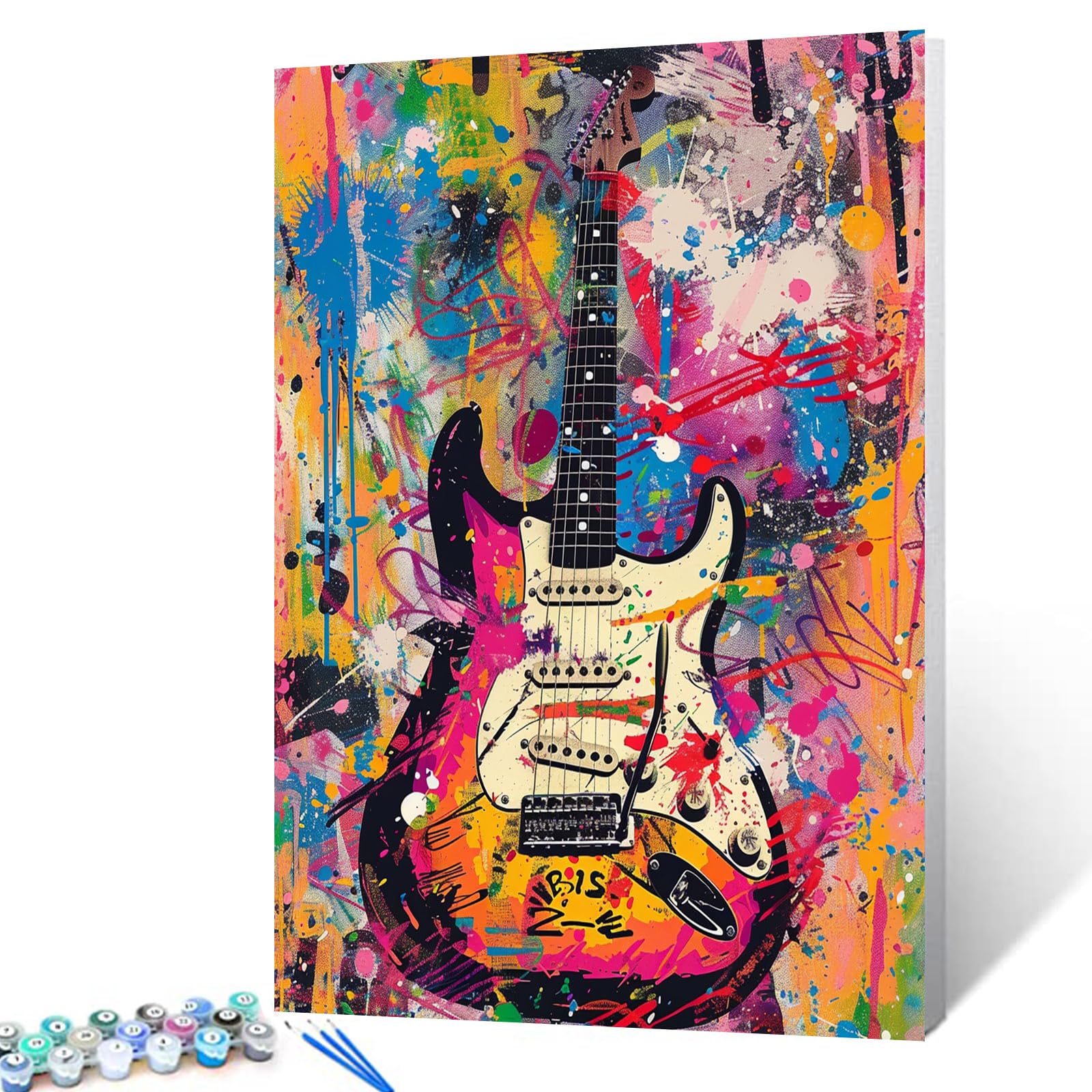 Kit di pittura a olio fai da te su tela con i numeri, per adulti con chitarra elettrica, stile retrò, kit fai da te, con pennelli e pigmento acrilico, stile graffiti, decorazione