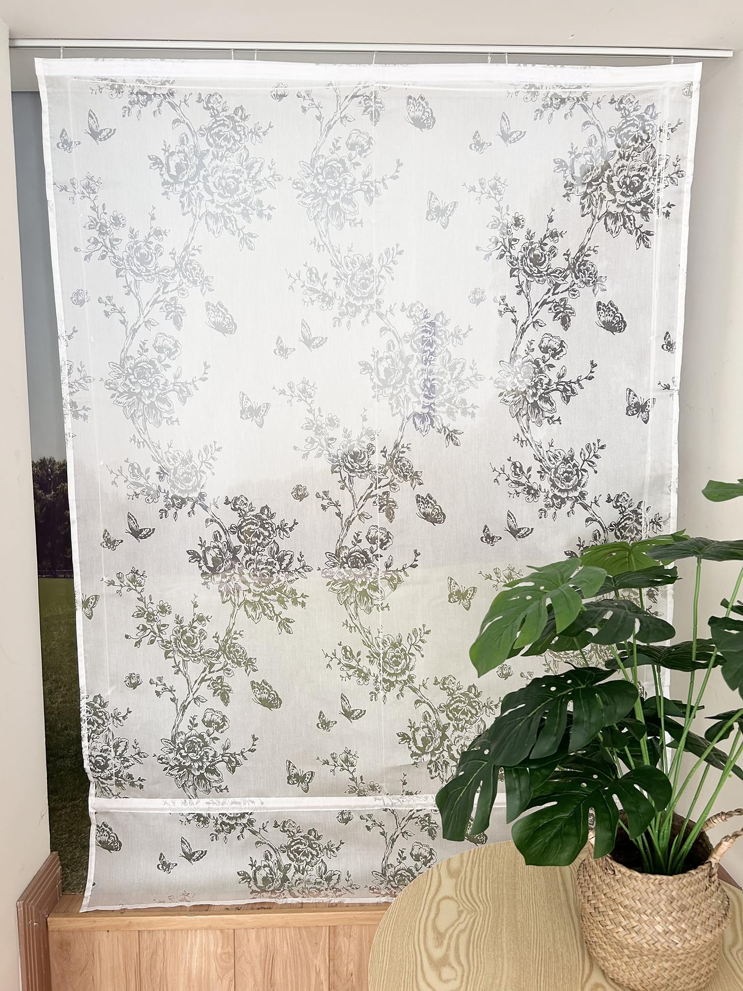 Devola Raffrollo mit Blumenmuster Raffgardine Ausbrenner Rollo Vorhang Küche Fenster Gardinen Landhausstil Gardinen Kurz Halbtransparent HxB 140x140cm Weiß mit Klettband 1 Stück