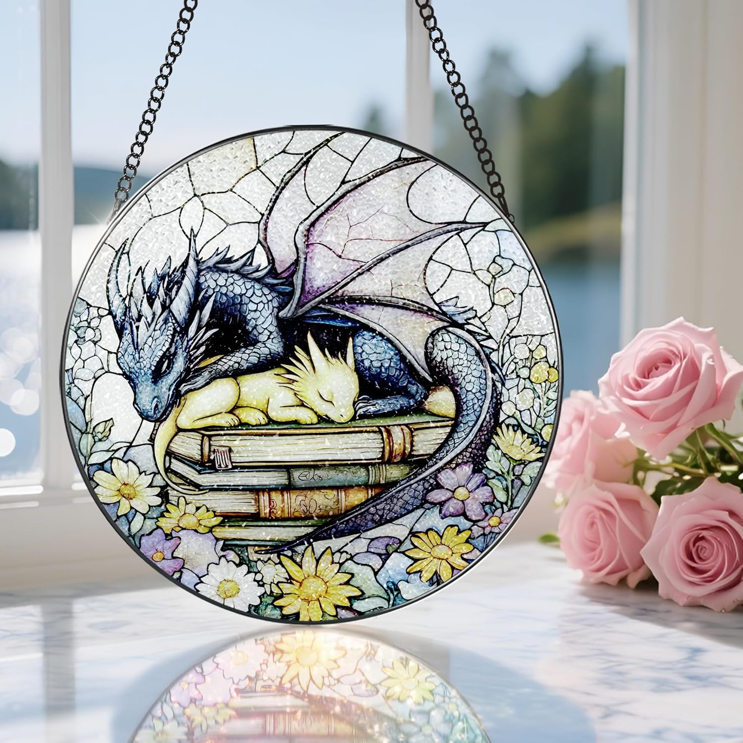 Stained Glass Window Hanging, 8 Inch Dragon Stained Glass Suncatcher, Dragon Decor, Home Decor for Windows, Book Lover Gift, Gifts for Book Lovers, Gifts for Bookworm on Birthday Christmas - Image 5